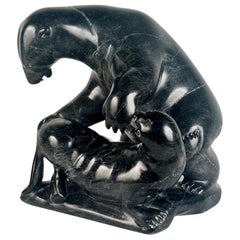 Polar Bear and Seal Carved Greenstone Sculpture by Joanasie Jack Ittukallak