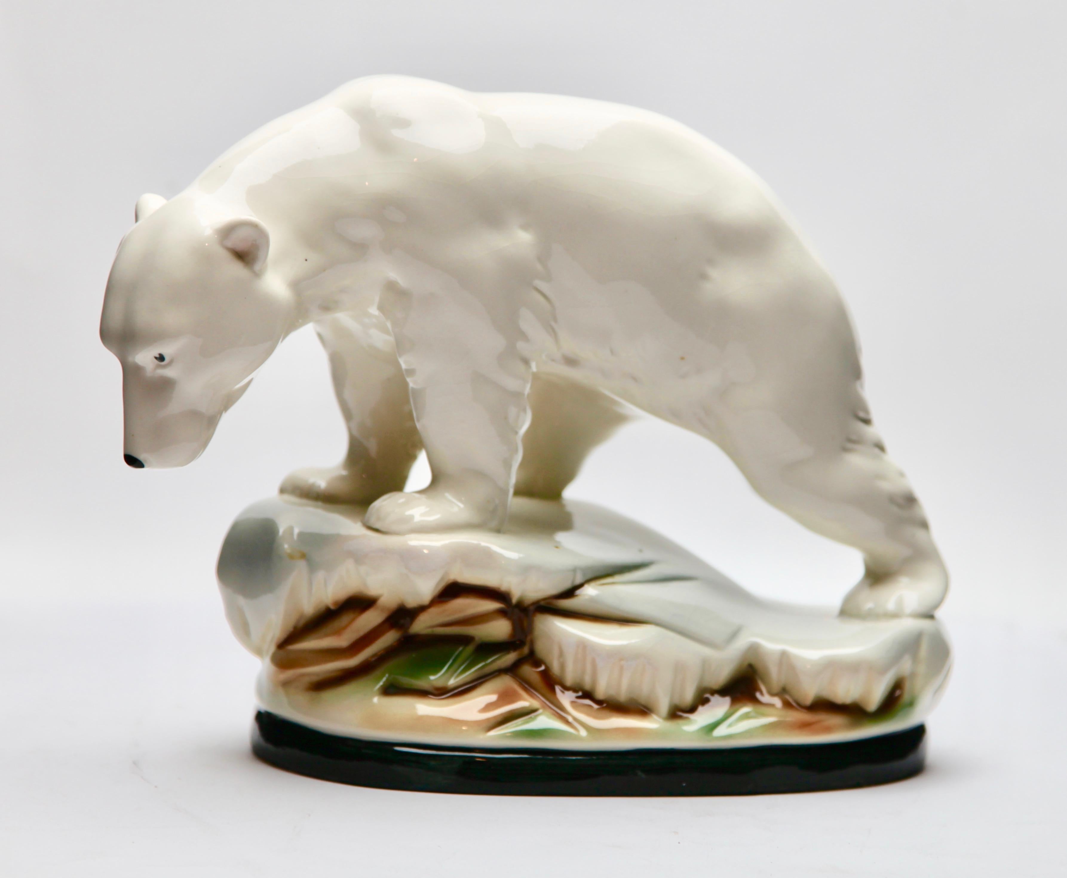 Hand-Crafted Polar Bear Figurine in White Glazed Porcelain, Hand Painted Detail, 1920s