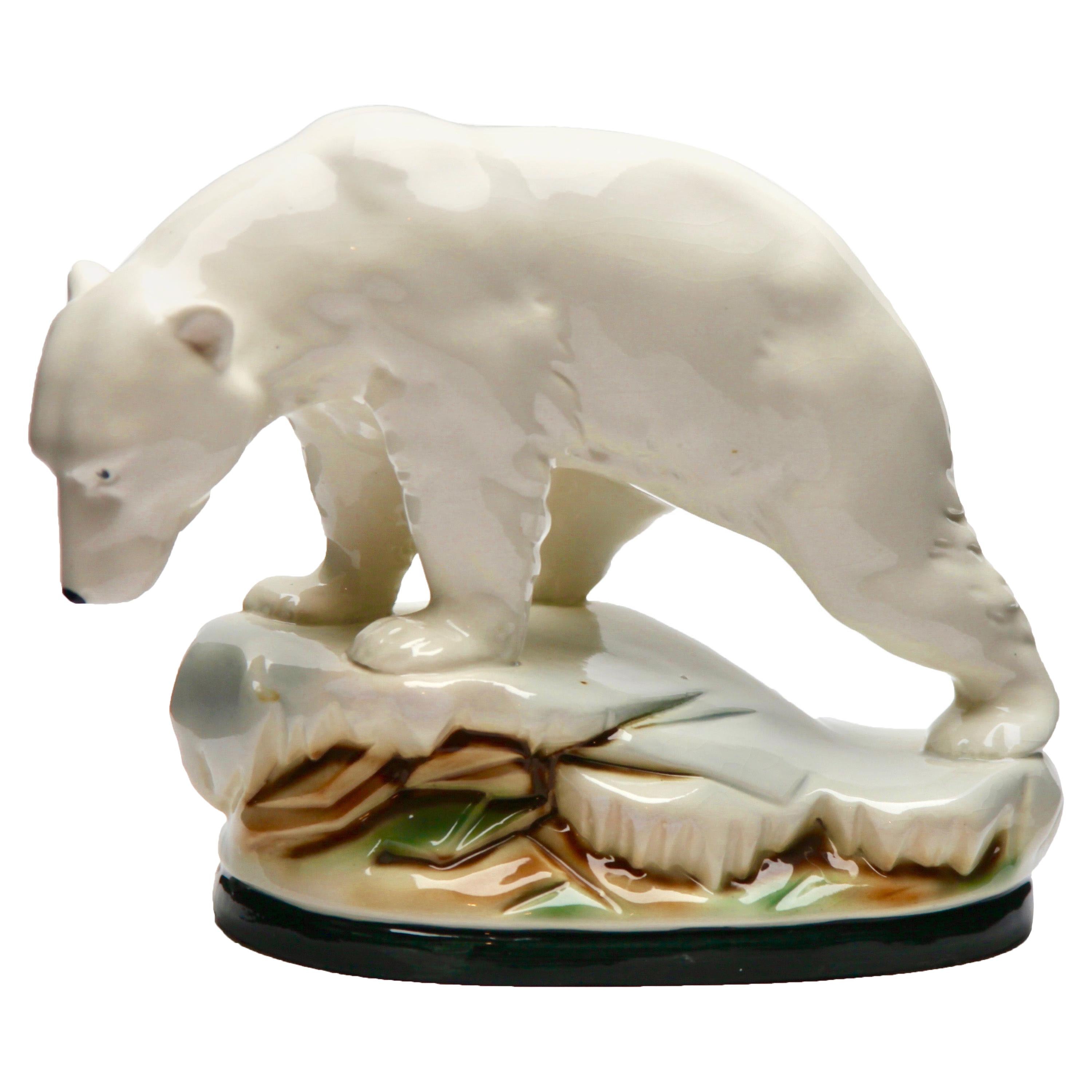 Polar Bear Figurine in White Glazed Porcelain, Hand Painted Detail, 1920s