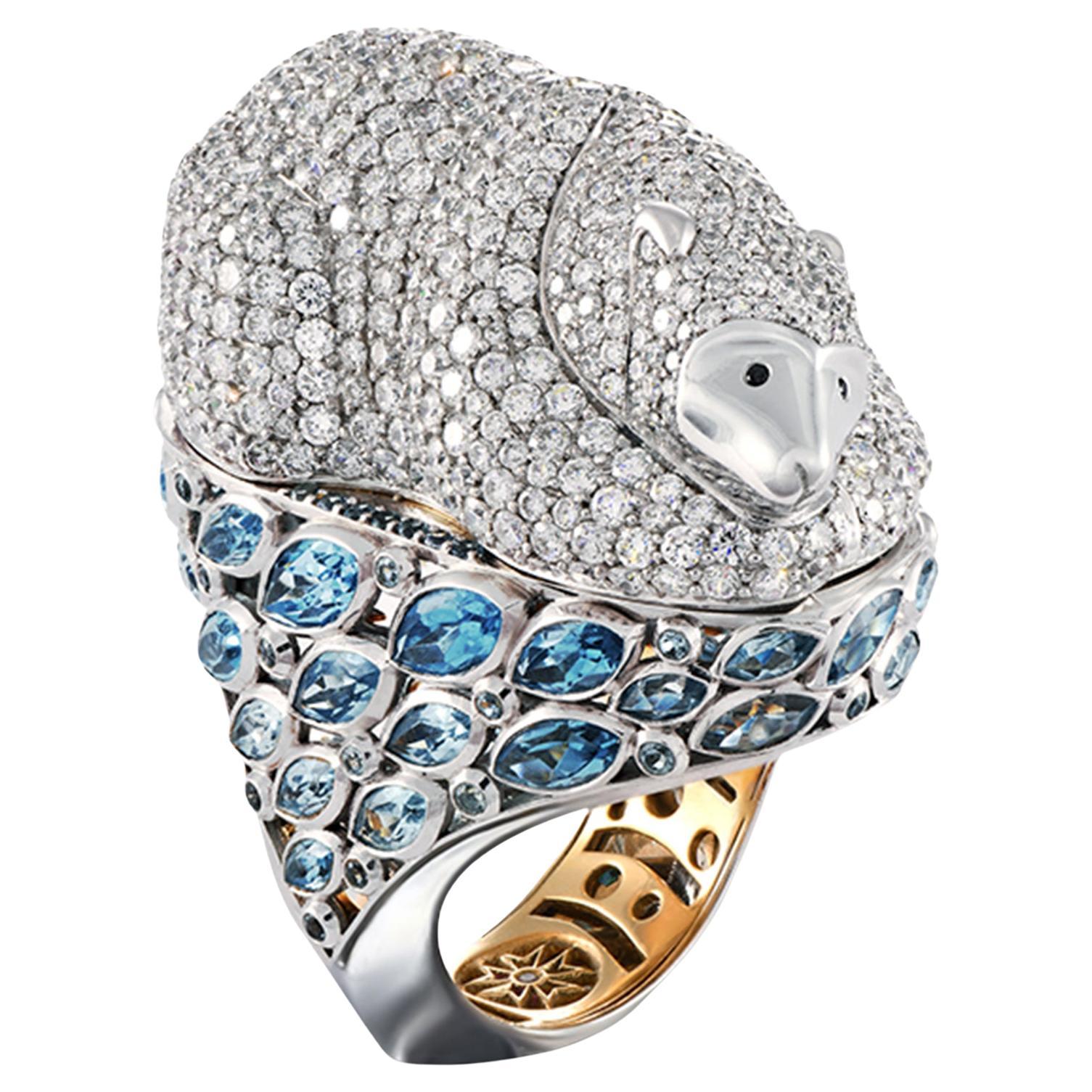 Polar Bear Ring in 18ct Bi-Coloured Gold with Diamonds & Blue Topaz Sybarite For Sale