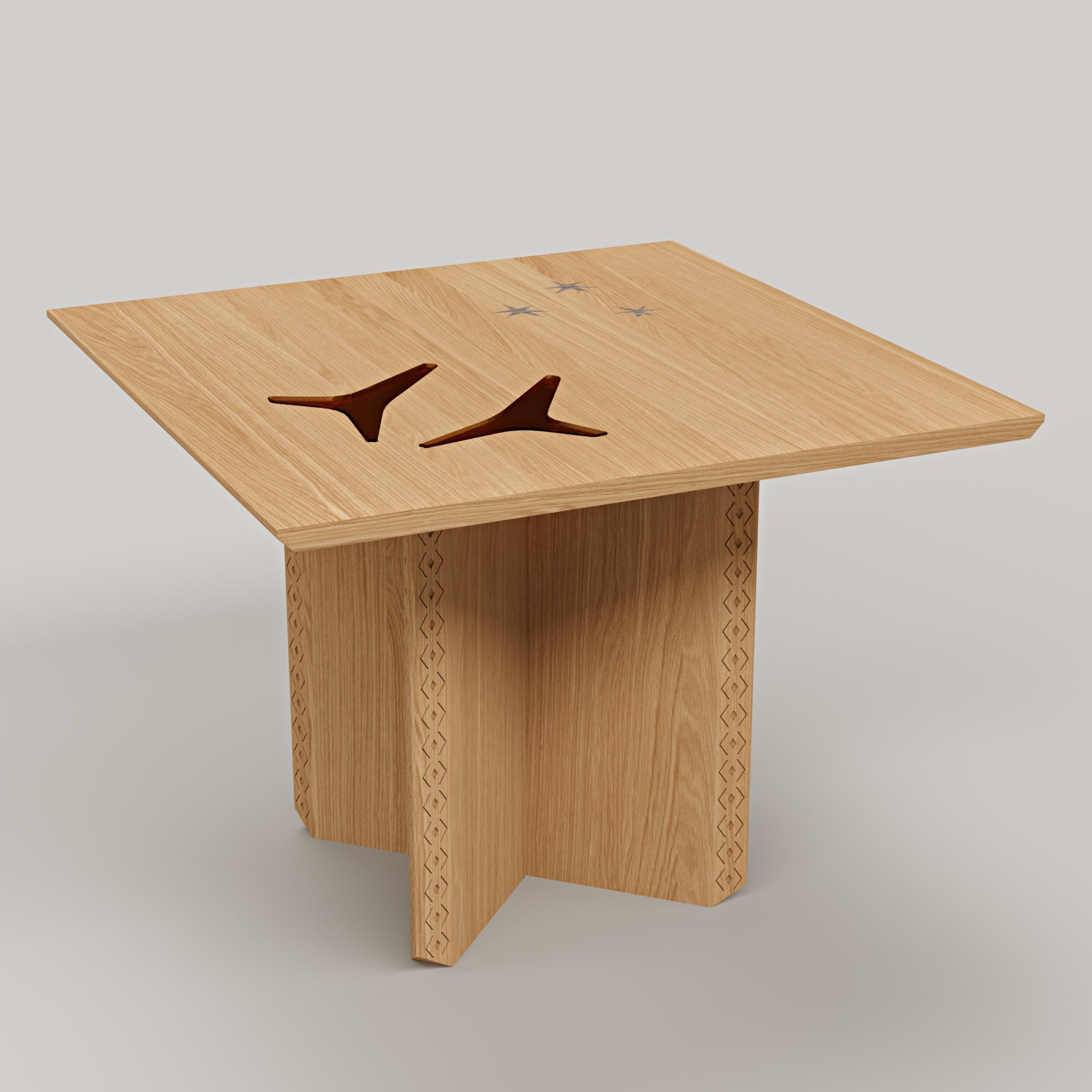 Marquetry Modern Oak Wood & Stained Glass Table, Polaris Module A, MB Design Studios For Sale