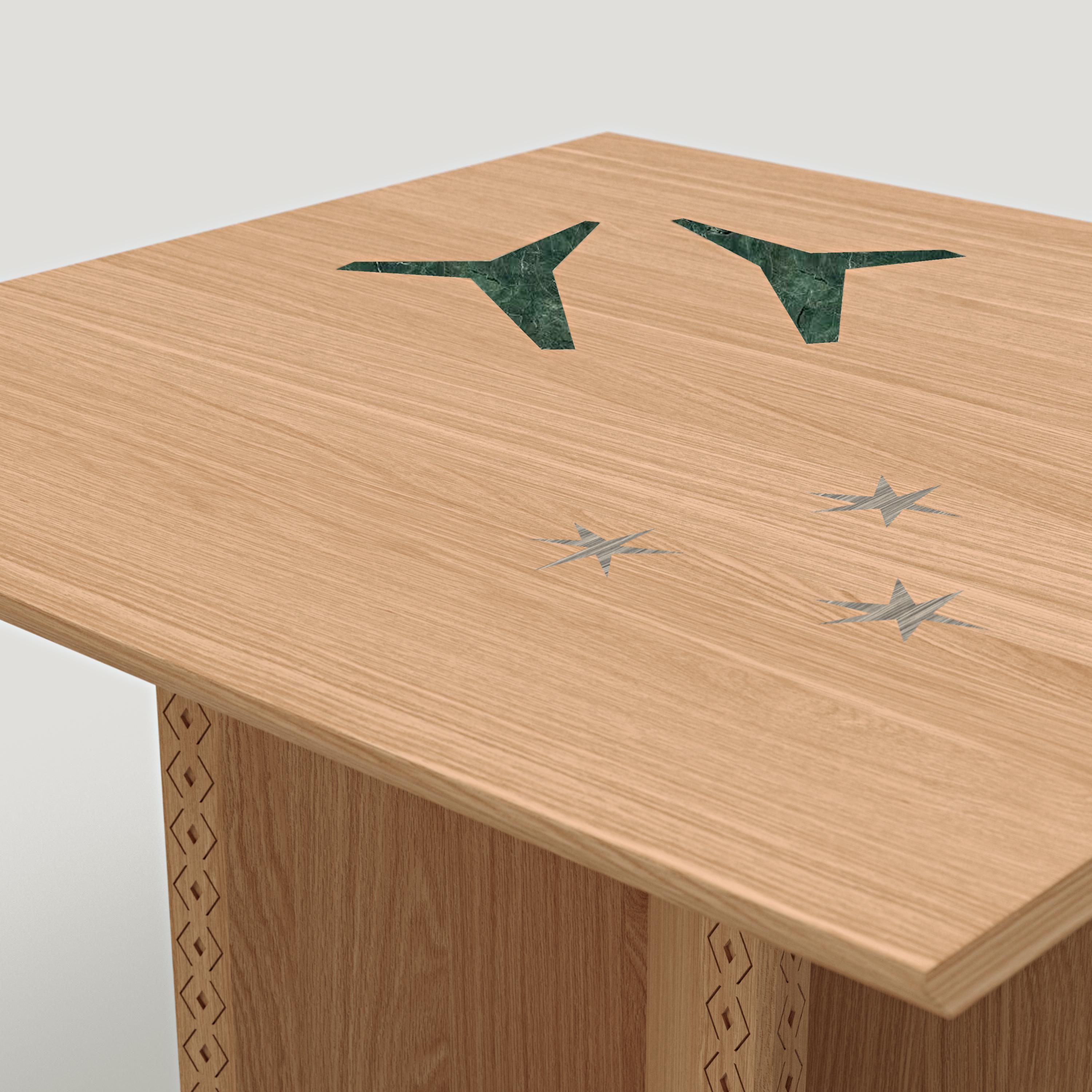 Carved Modern Oak Wood & Green Marble Dining Table, Polaris Module C, MB Design Studios For Sale