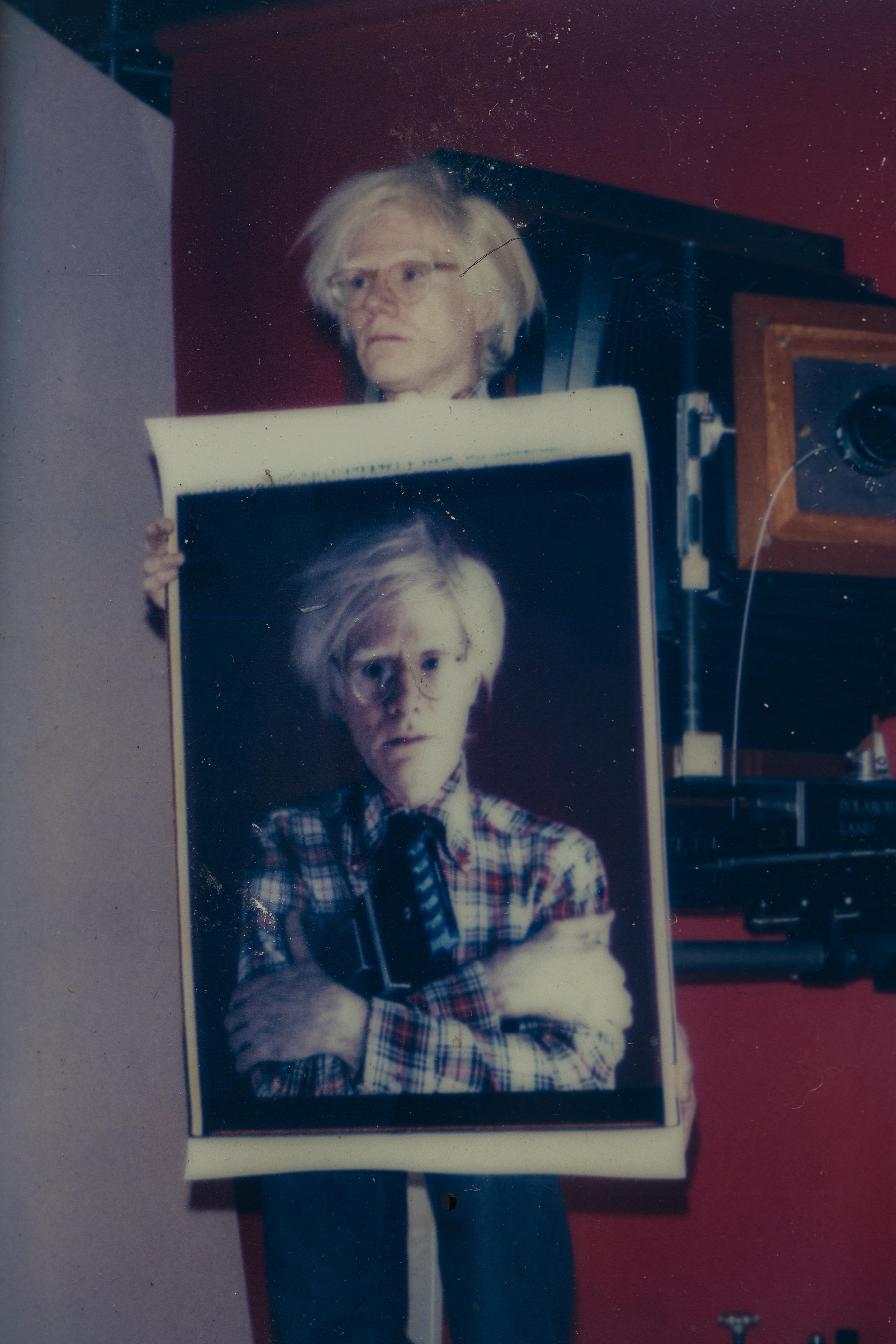 American Polaroid of Andy Warhol Holding Polaroid by Bill Ray Signed Andy Warhol