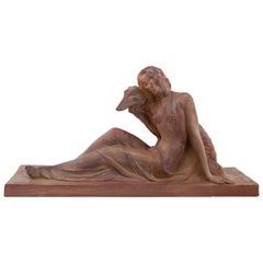 Polbert French Art Deco Terracotta Lady with a Greyhound, 1930s