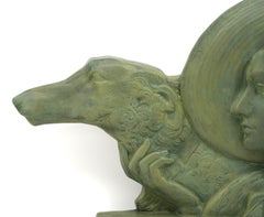 POLBERT Grande donna in terracotta francese Art Déco con levriero, 1920