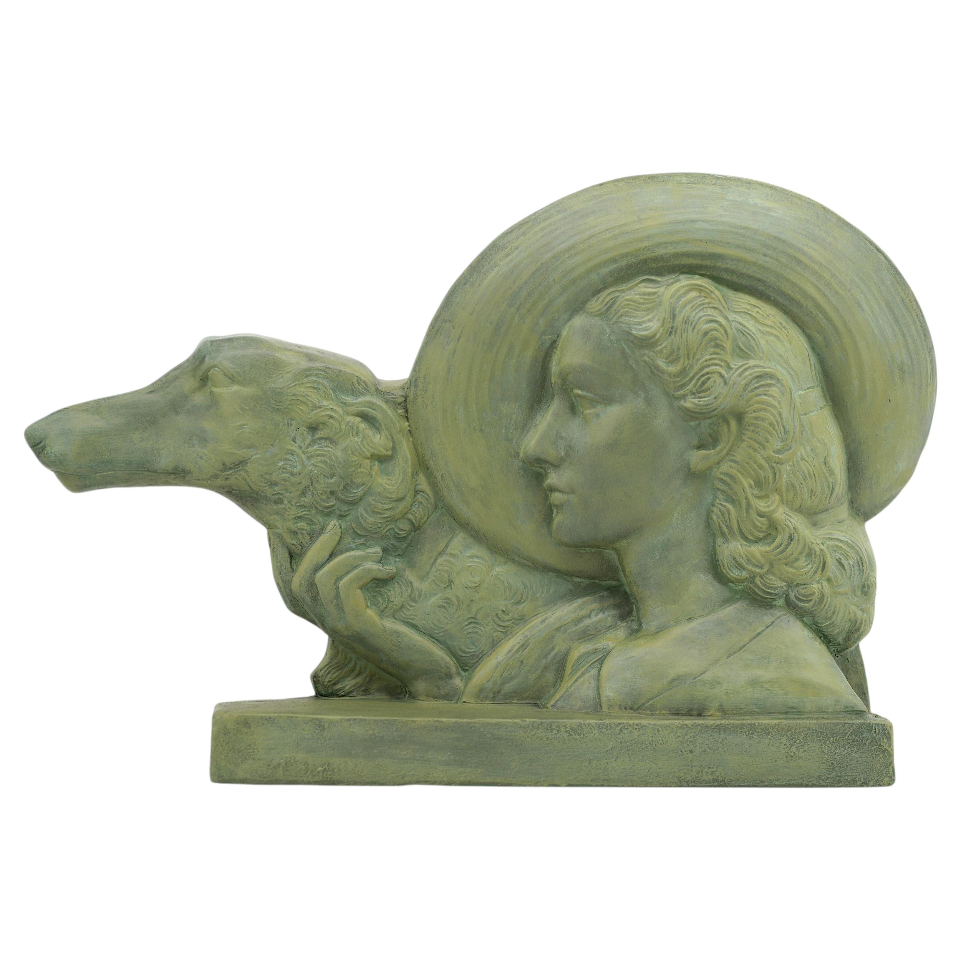 POLBERT Large French Art Deco Terracotta Lady With a Greyhound, 1920 For Sale