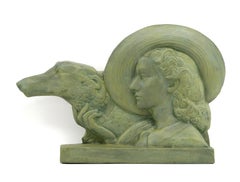 POLBERT Large French Art Deco Terracotta Lady With a Greyhound, 1920