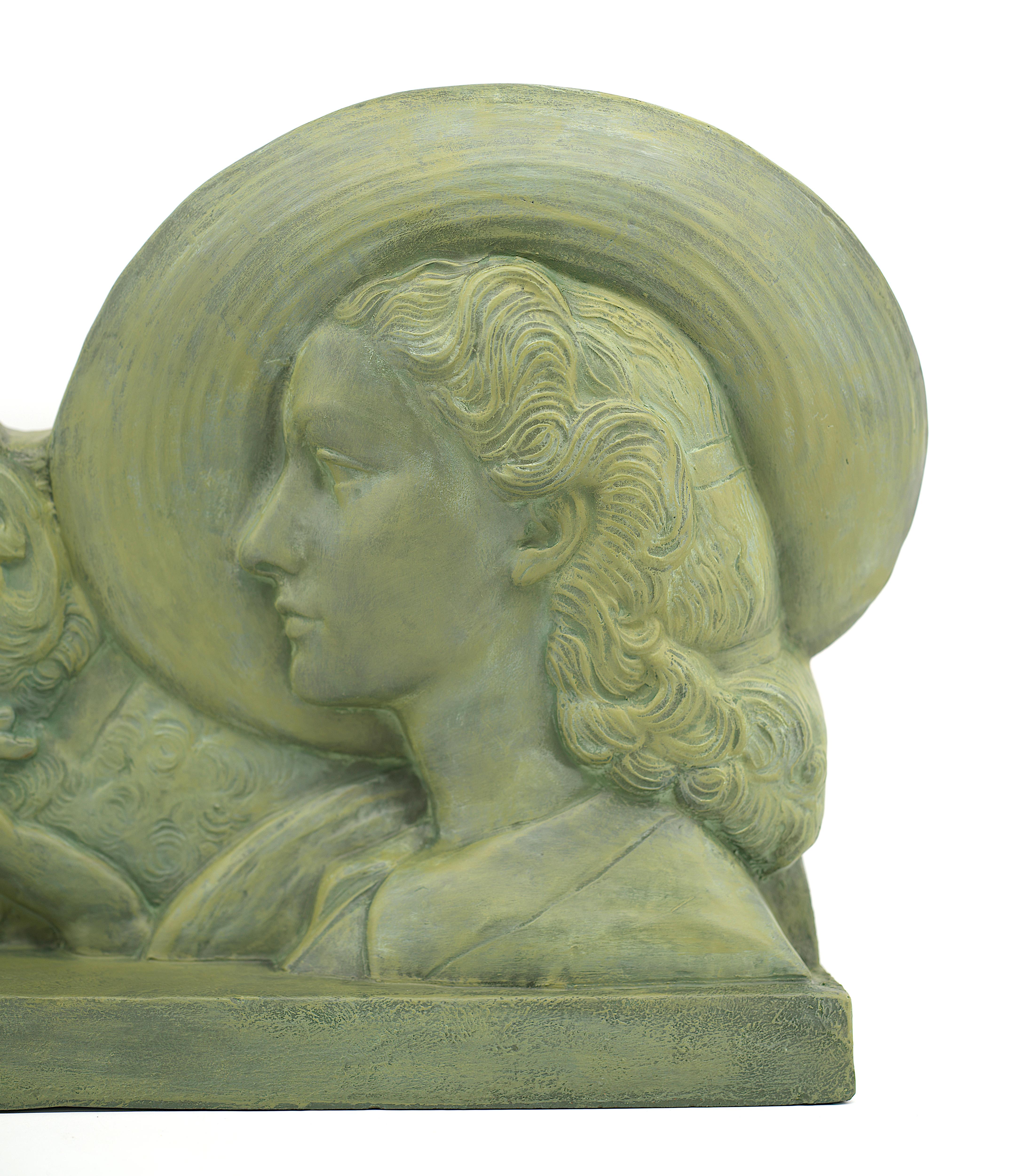 POLBERT Large French Art Deco Terracotta Lady With a Greyhound, 1920 In Excellent Condition For Sale In Saint-Amans-des-Cots, FR