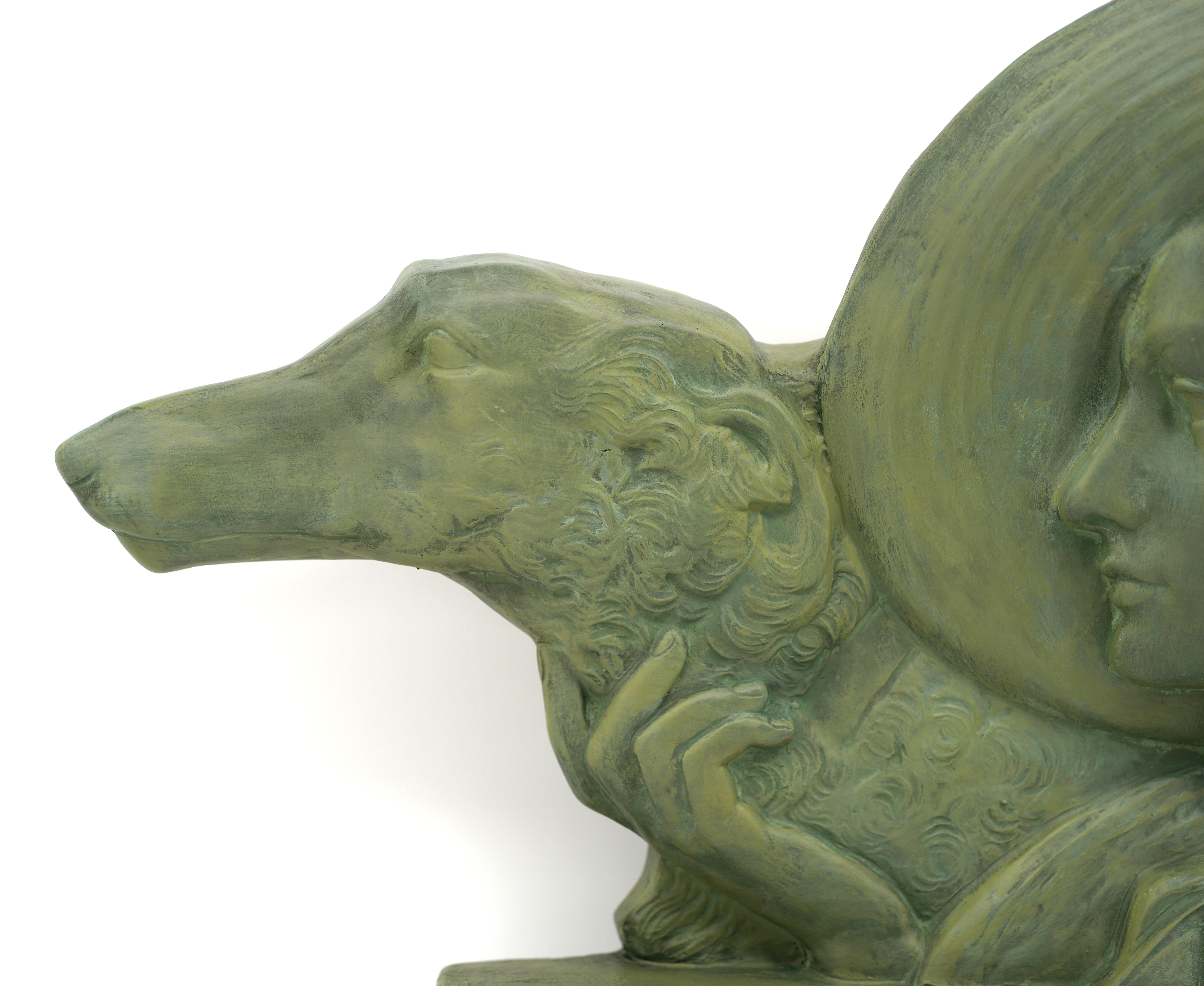 Early 20th Century POLBERT Large French Art Deco Terracotta Lady With a Greyhound, 1920 For Sale