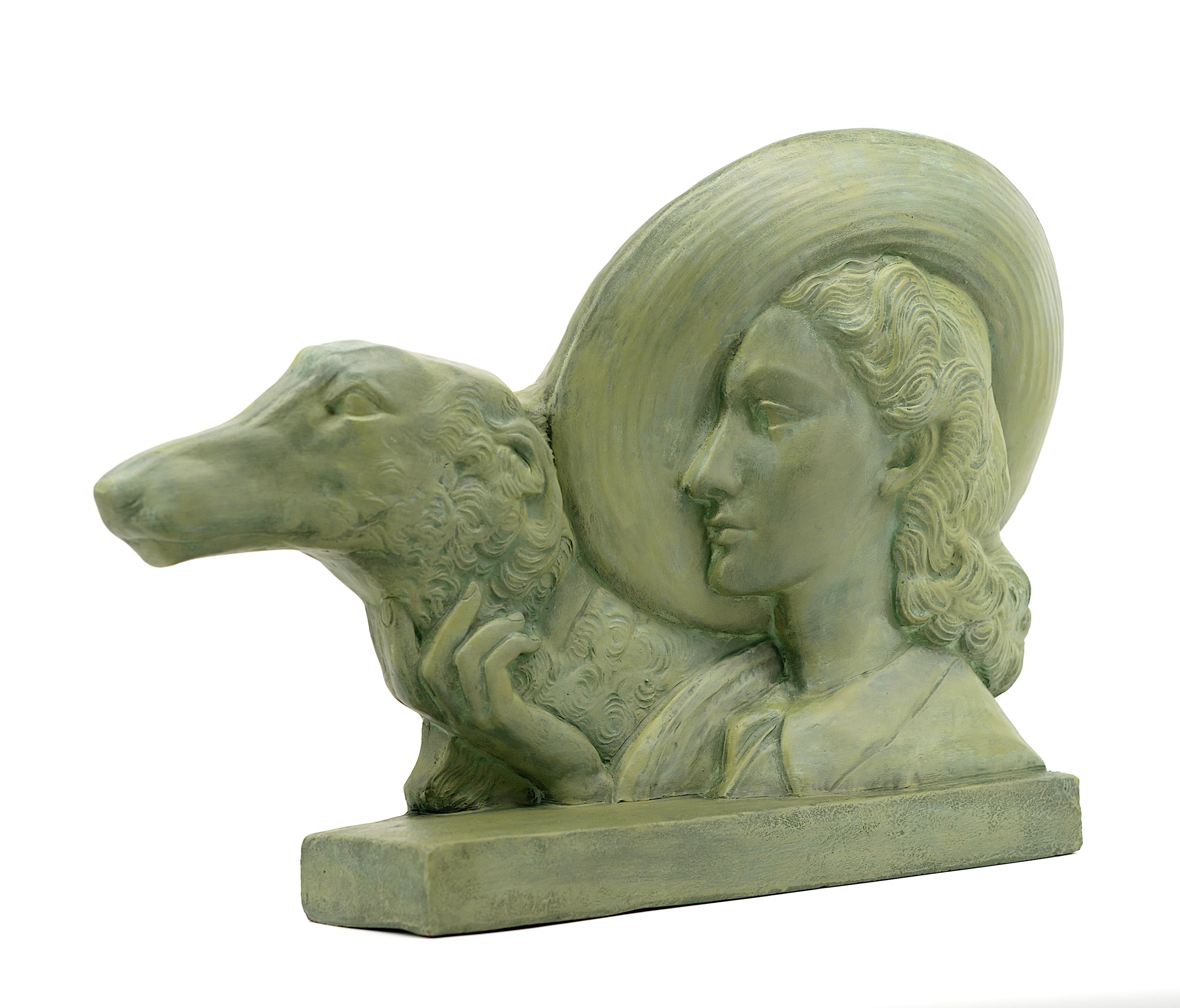 POLBERT Large French Art Deco Terracotta Lady With a Greyhound, 1920 For Sale 1