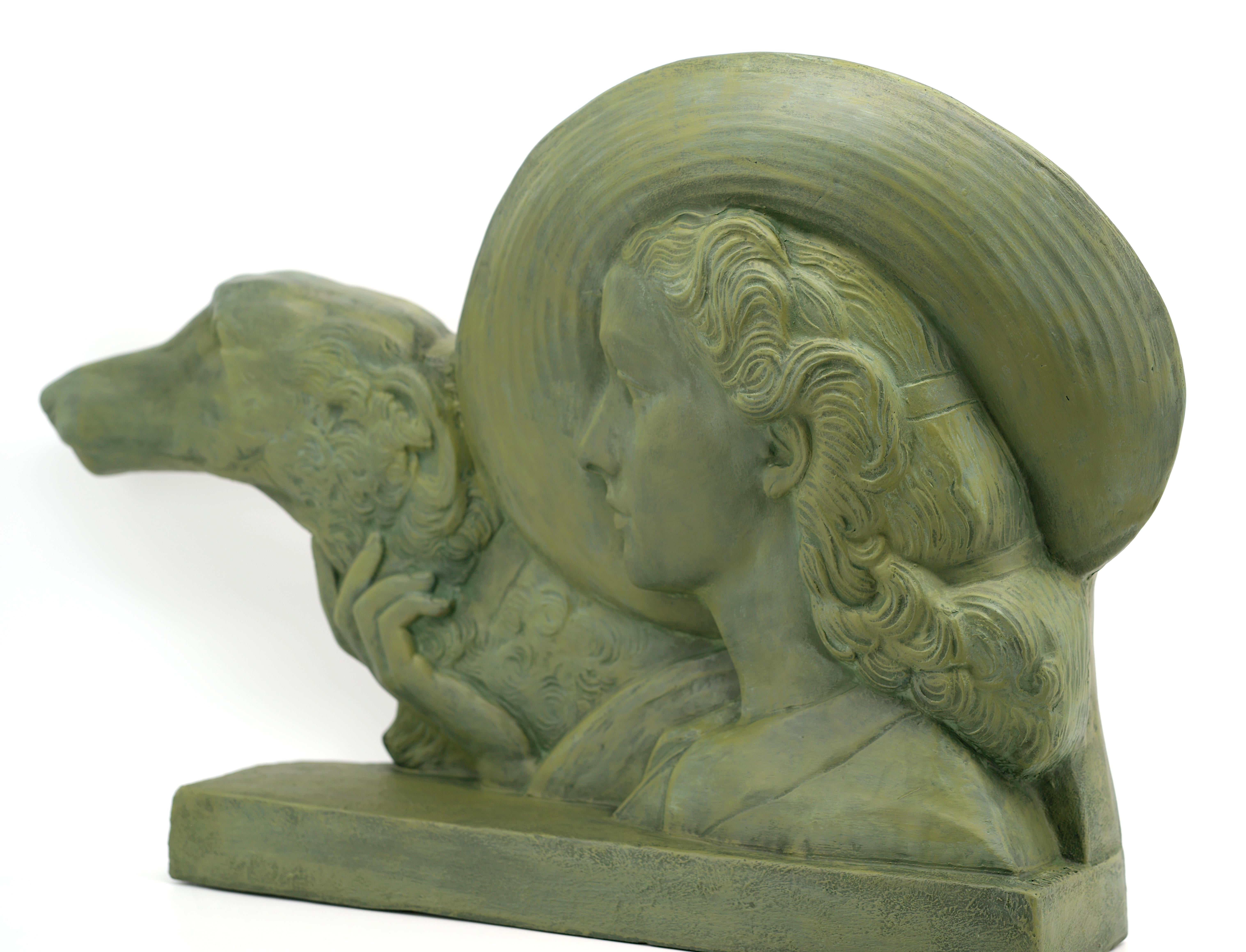 POLBERT Large French Art Deco Terracotta Lady With a Greyhound, 1920 For Sale 2