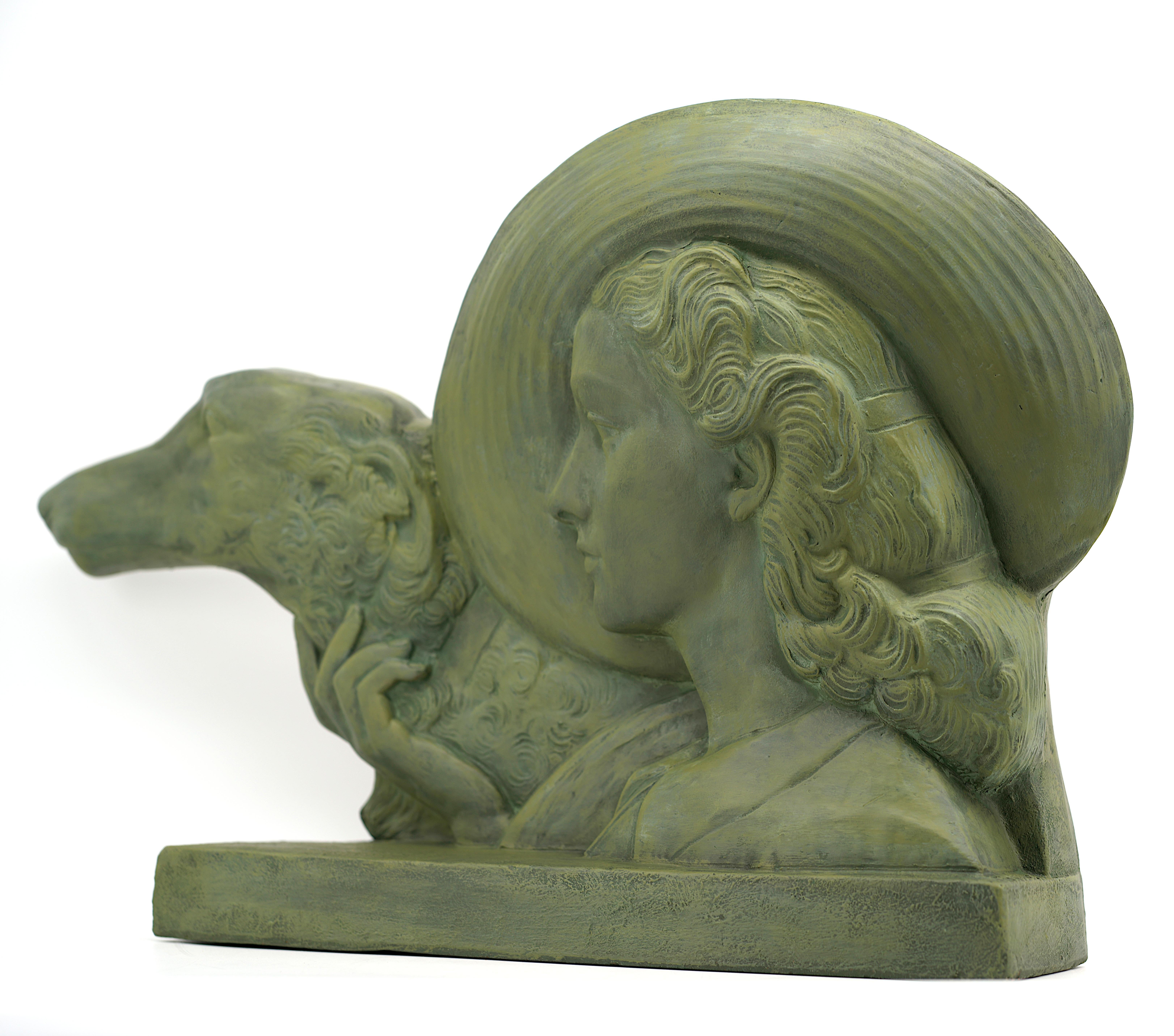 POLBERT Large French Art Deco Terracotta Lady With a Greyhound, 1920 For Sale 4
