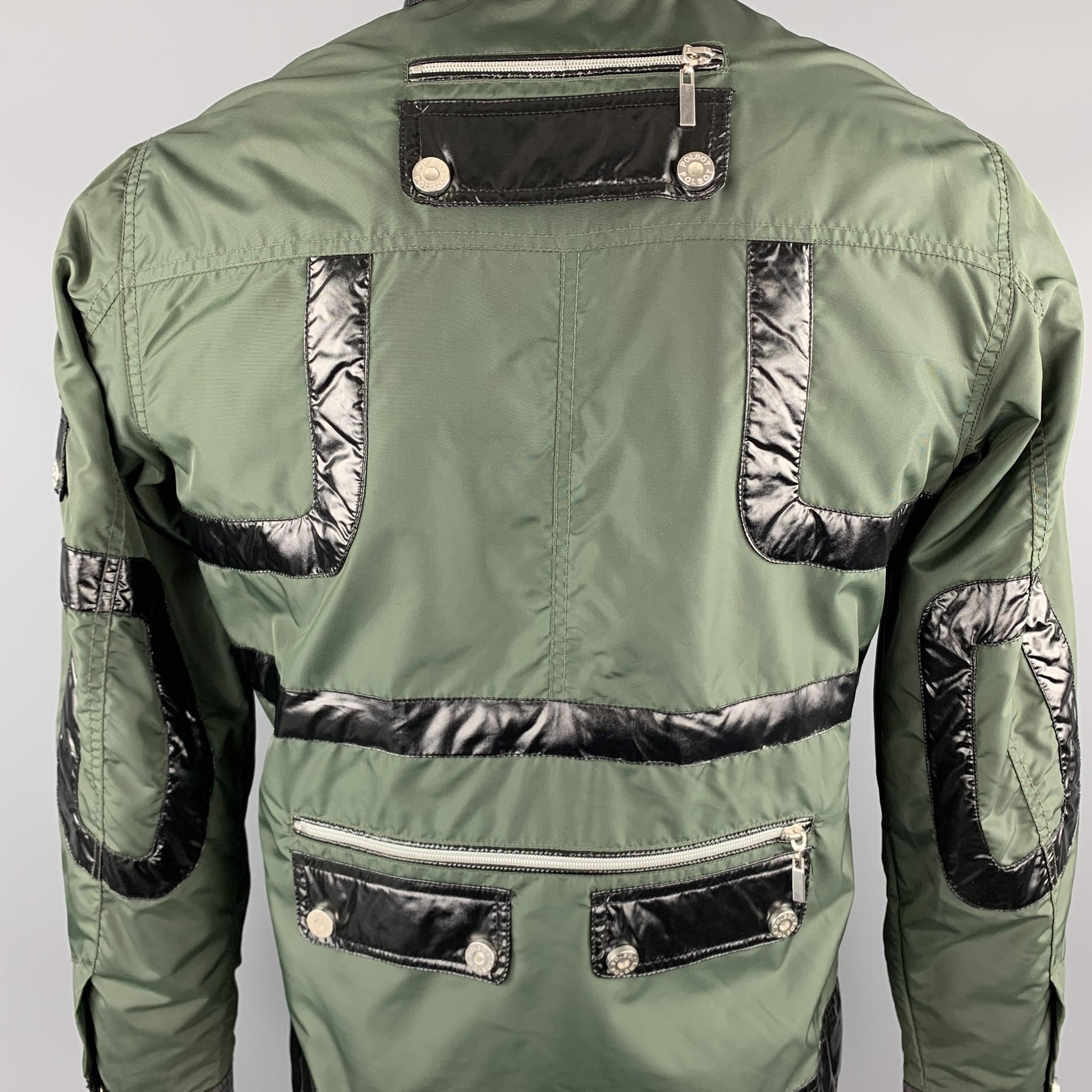 POLBOT Size L Olive & Black Solid Nylon Zip & Snaps Jacket In Excellent Condition In San Francisco, CA