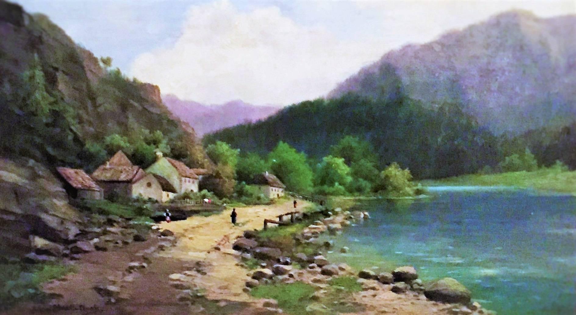 Signed: Poldine Schmidt-Chwala.
Painted in the best traditions of the era of European realism paintings of the second half of the 19th century, this beautiful Austrian mountain village landscape is rendered in oil on board, with the precision of a