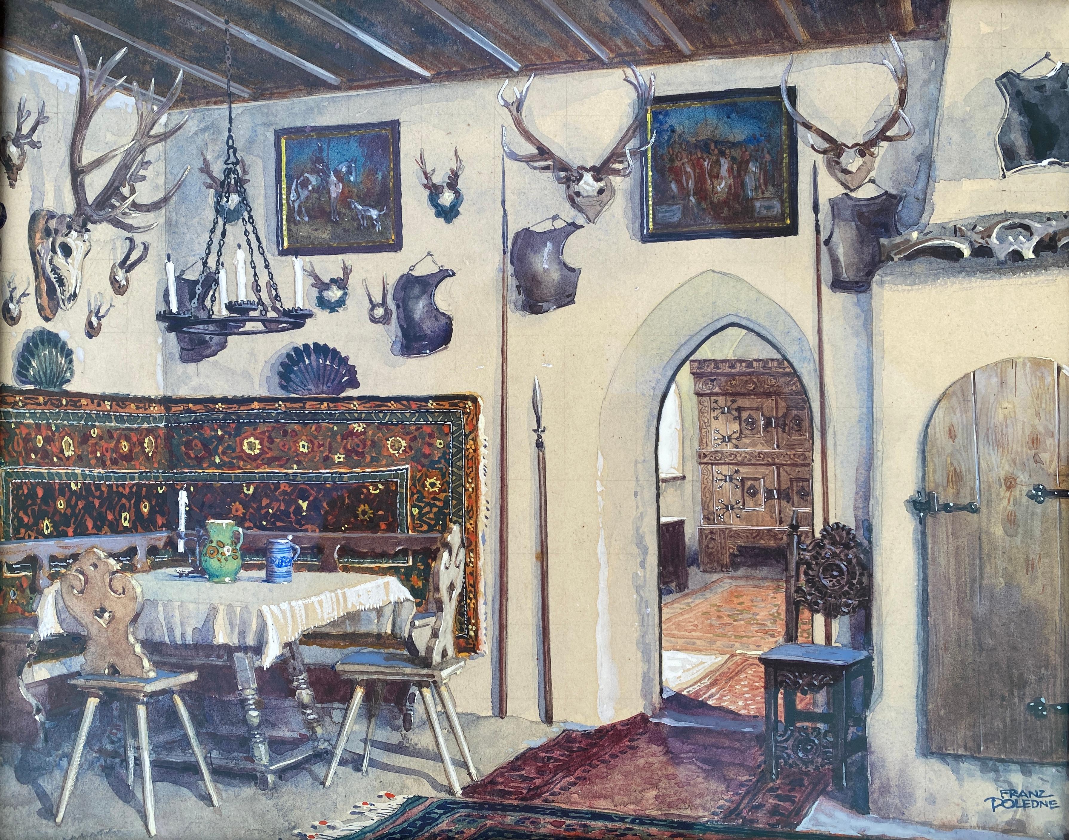 An Interior of a Hunter, Franz Poledne, Vienna 1873 – 1932, Austrian Painter - Painting by Poledne Franz