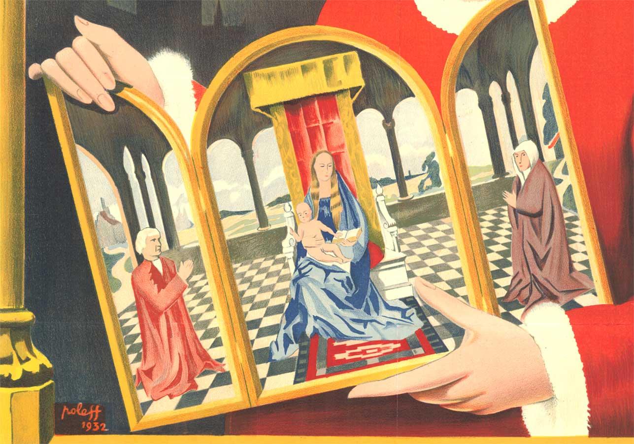 Original-Reiseplakat für Belgien - Städte der Kunst, signiert vom Künstler Poleff und datiert 1932. Das Bild, eingerahmt in einem Torbogenfenster,  zeigt eine Frau in byzantinischen/mittelalterlichen Gewändern und einem roten Gewand.   In ihren