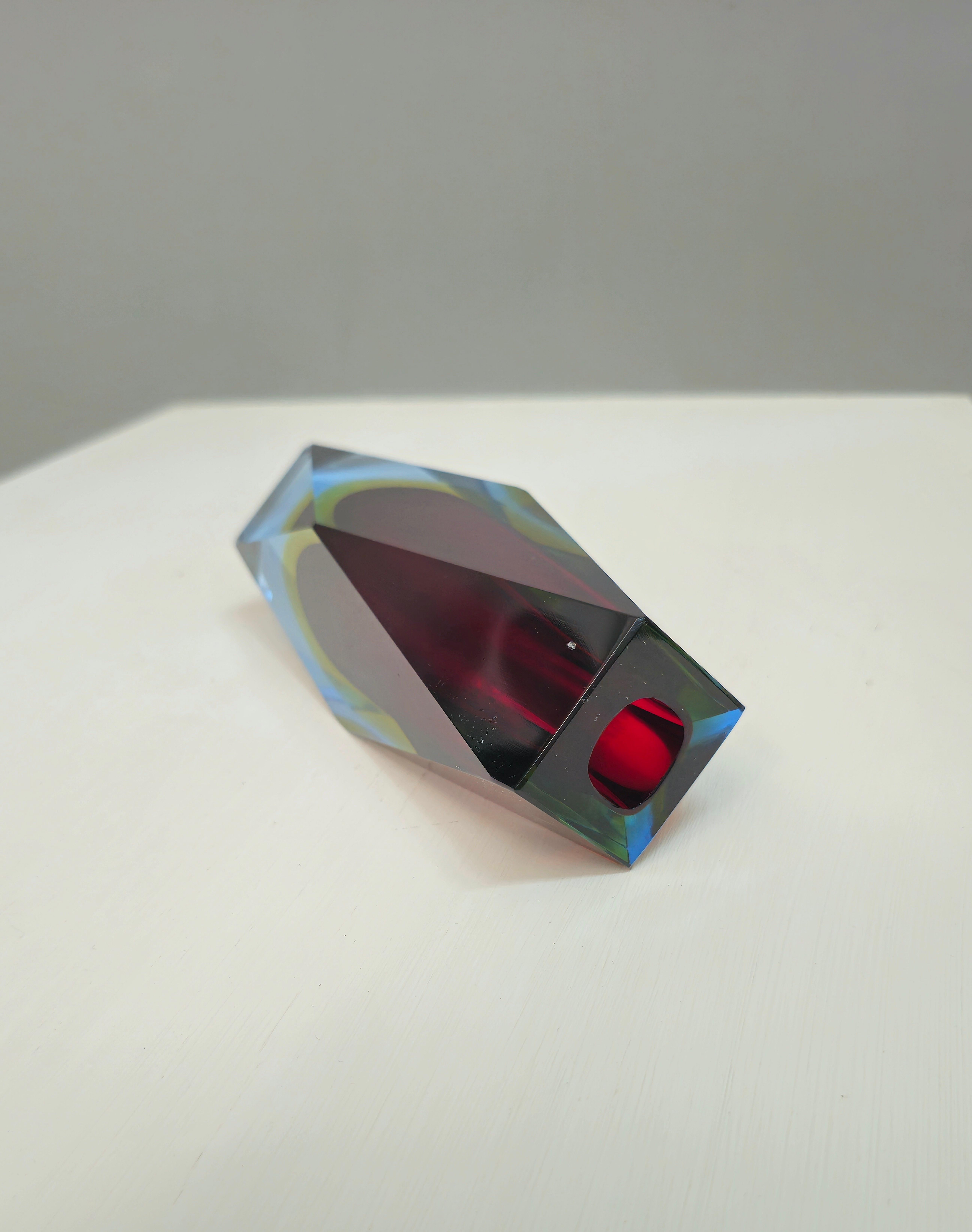 Made of yellow, red and blue glass, this geometrically based vase is one of the creations of the designer Flavio Poli, created for the renowned manufacturer Alessandro Mandruzzato. Made in Italy 1960.   Please watch the video and photos carefully,