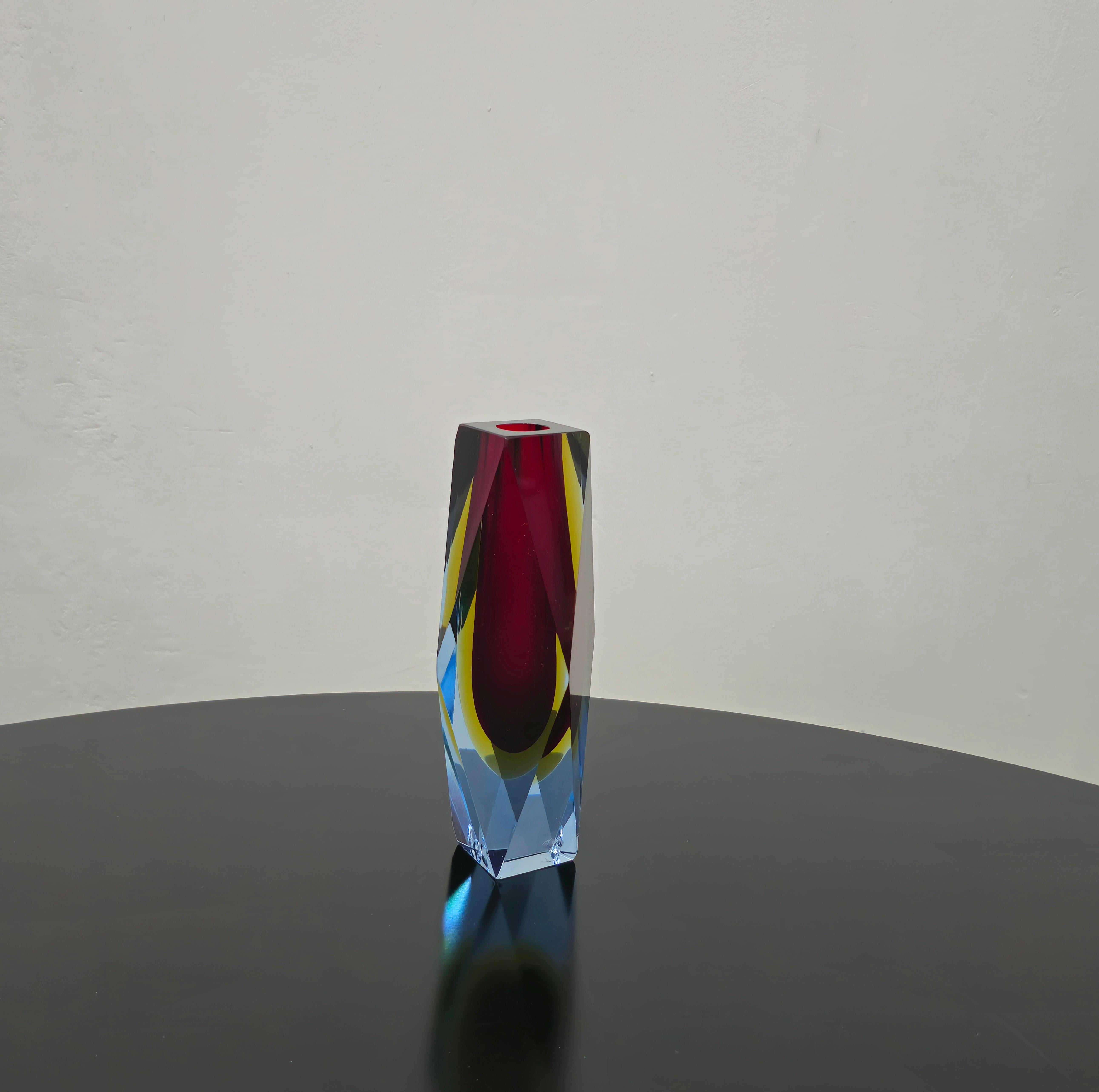 Mid-Century Modern Poli Murano Submerged Glass Vase, Colour Yellow Blue Red Mid-Century Italy 60s