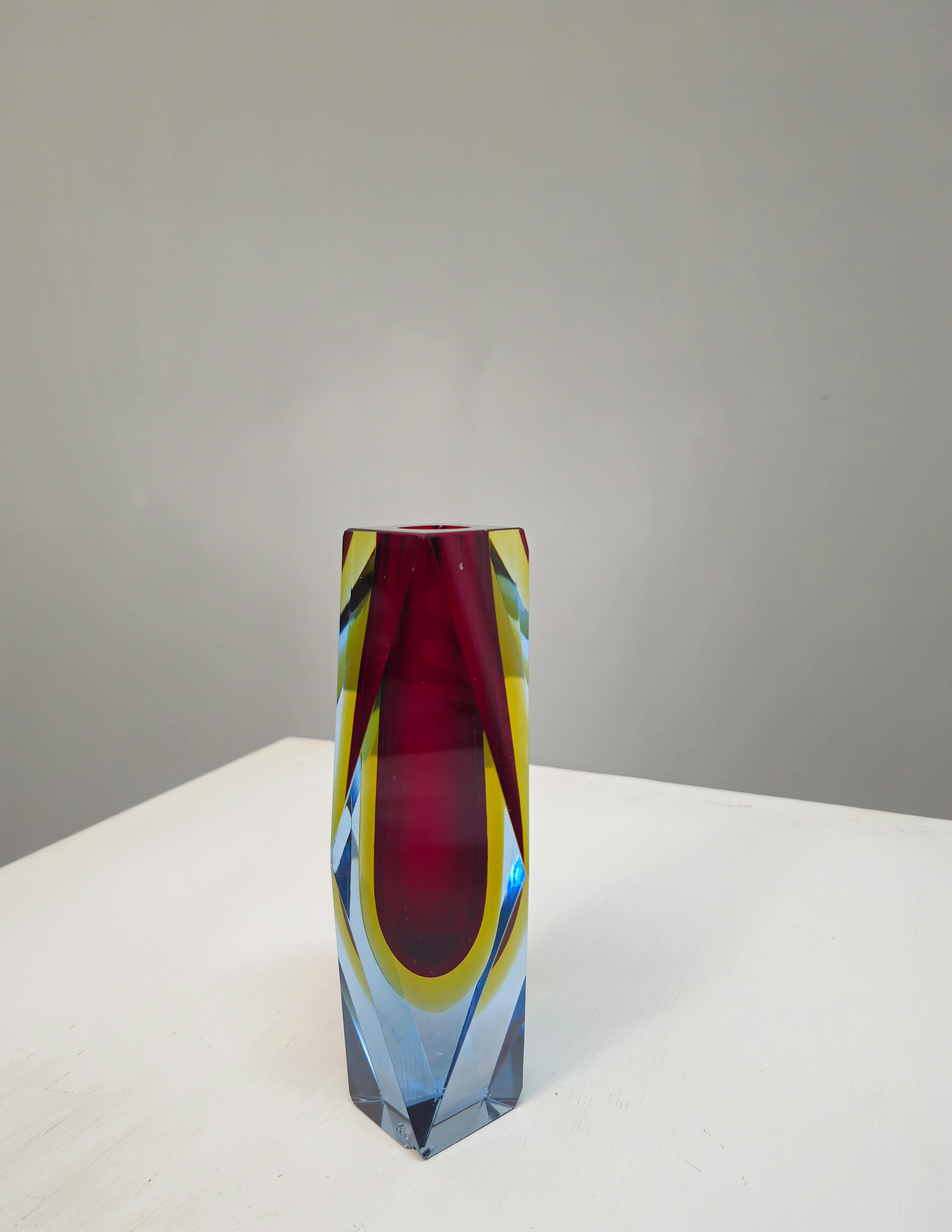 Italian Poli Murano Submerged Glass Vase, Colour Yellow Blue Red Mid-Century Italy 60s