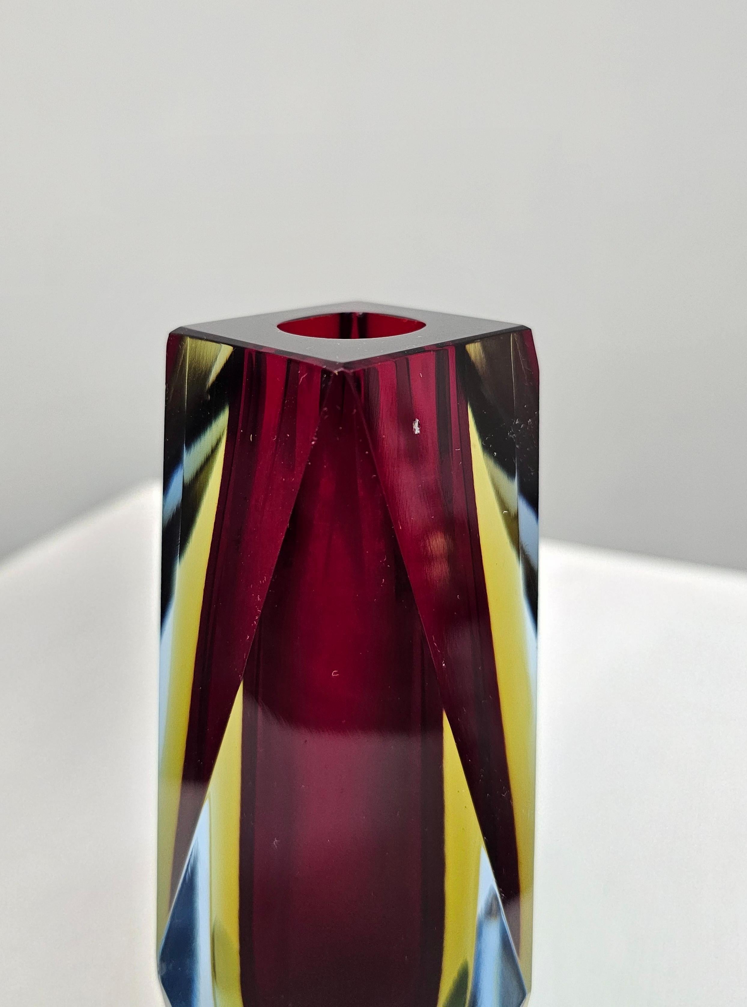 Poli Murano Submerged Glass Vase, Colour Yellow Blue Red Mid-Century Italy 60s In Fair Condition In Palermo, IT