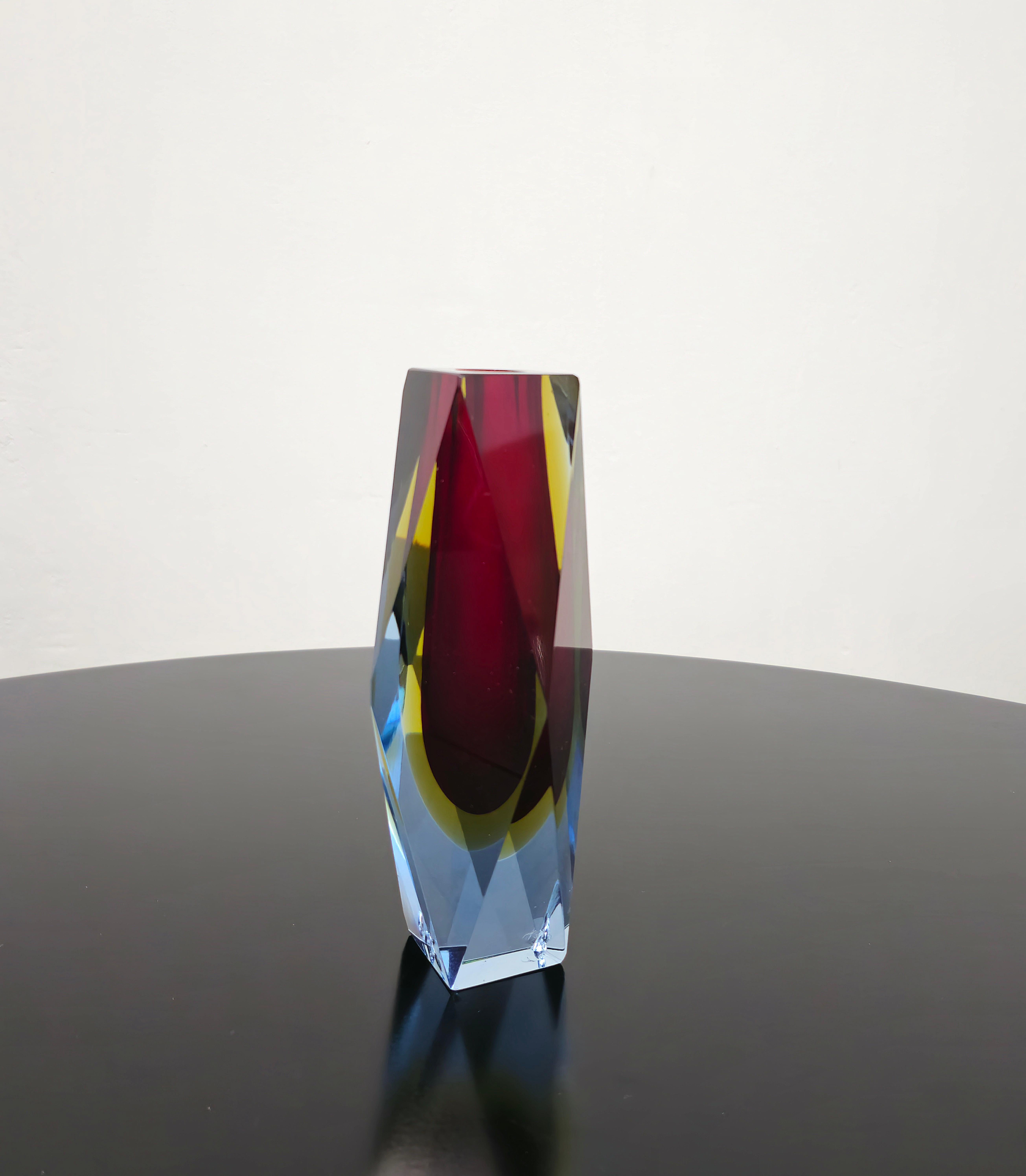 Murano Glass Poli Murano Submerged Glass Vase, Colour Yellow Blue Red Mid-Century Italy 60s