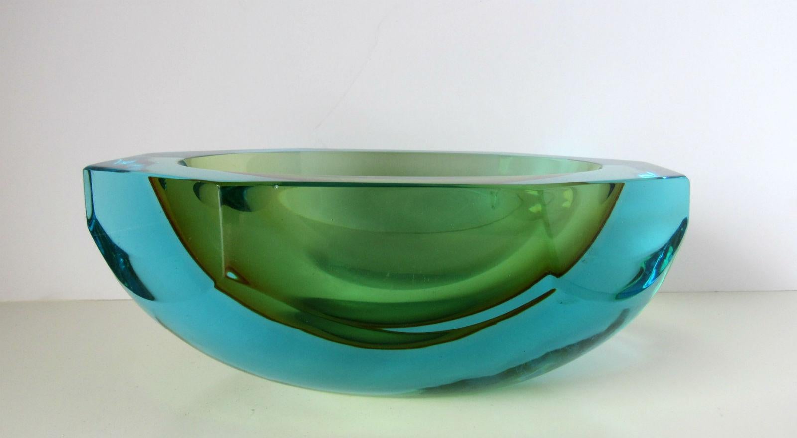 Poli Seguso Vetri d'Arte Murano Sommerso Blue Green Italian Art Glass Bowl 3