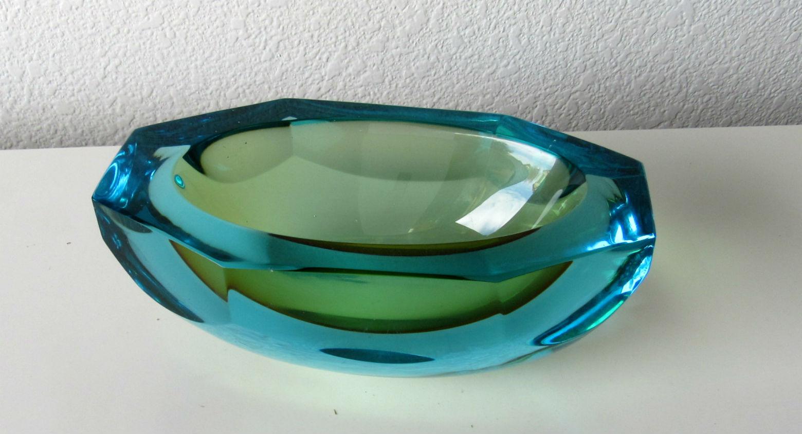 Poli Seguso Vetri d'Arte Murano Sommerso Blue Green Italian Art Glass Bowl 2