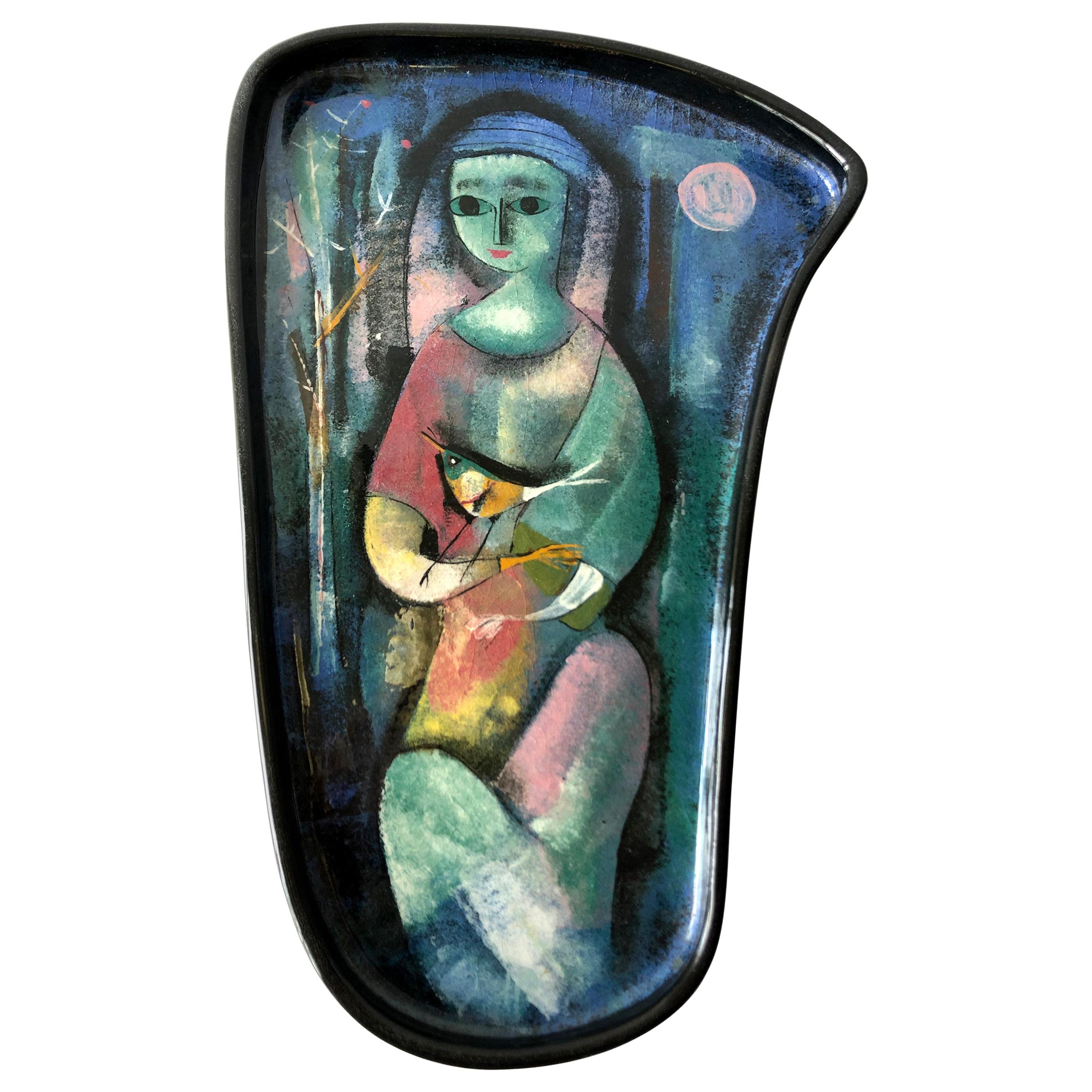 Polia Pillin Ceramic Etherial Seated Woman with Bird in Nature Tray For Sale