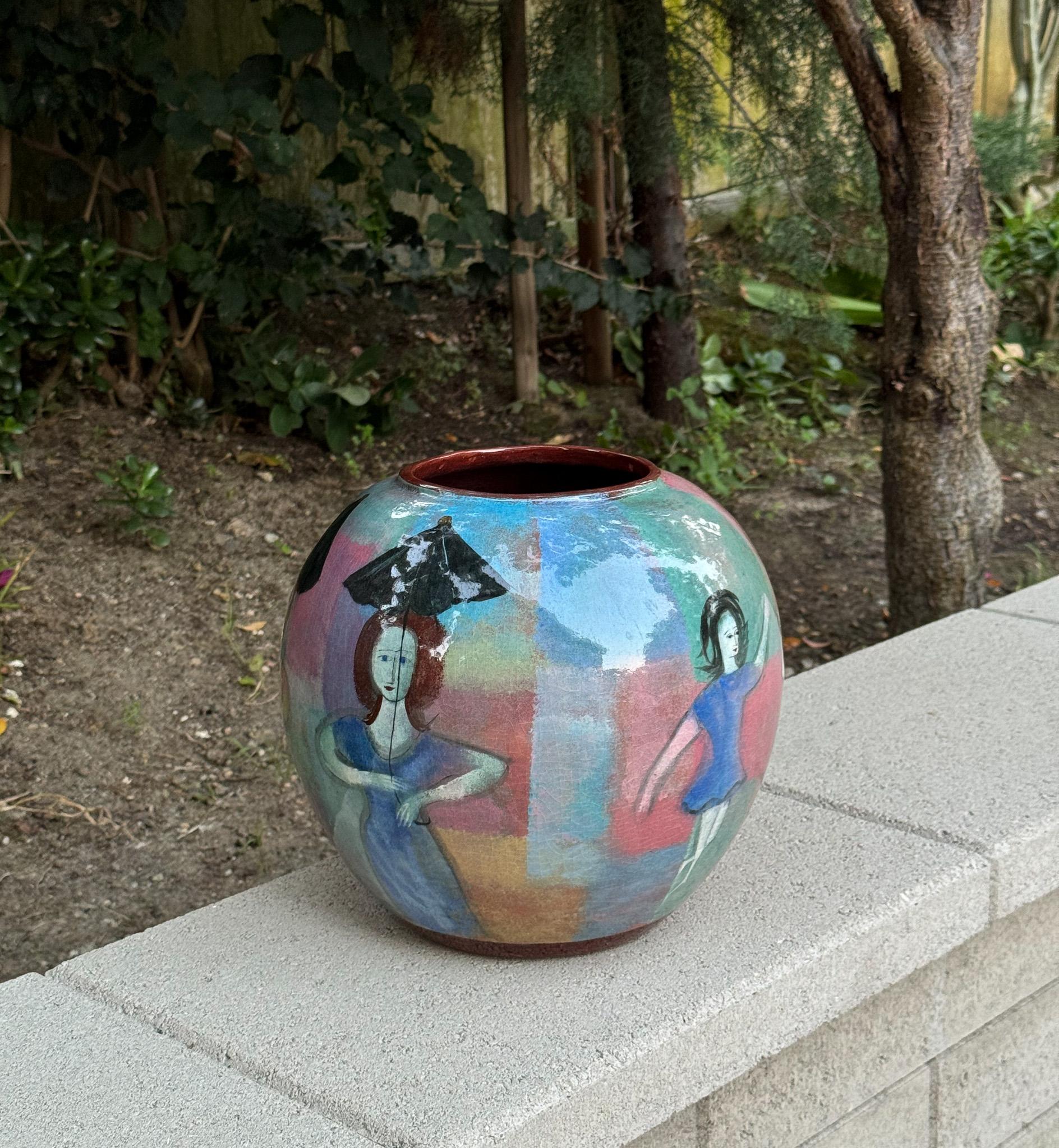 Polia Pillin Large Scale Bulbous Ceramic Vase, California, c.1965.  

Women w/ Umbrellas, Trees & Dancers. 