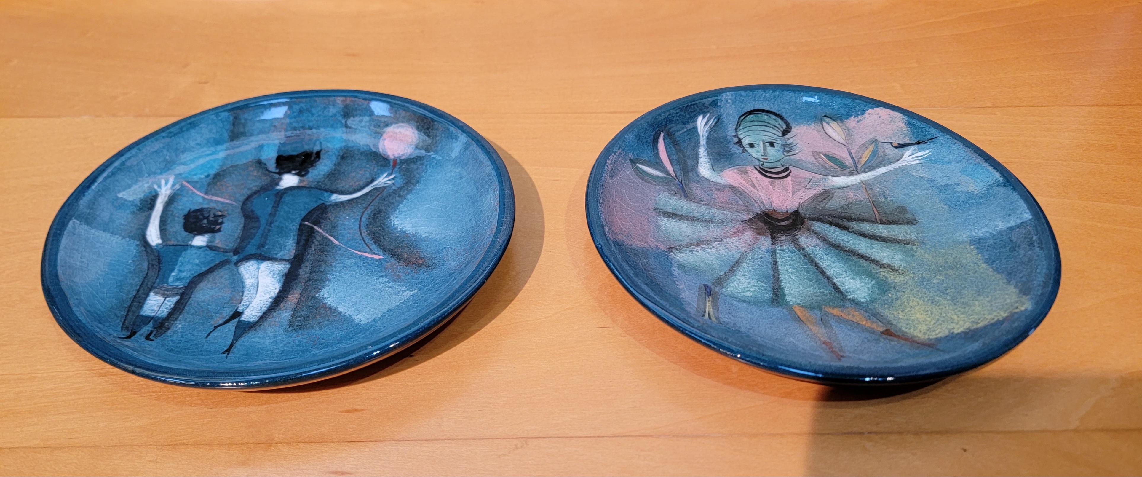 Hand-Painted Polia Pillin Pair Studio Pottery Plates For Sale