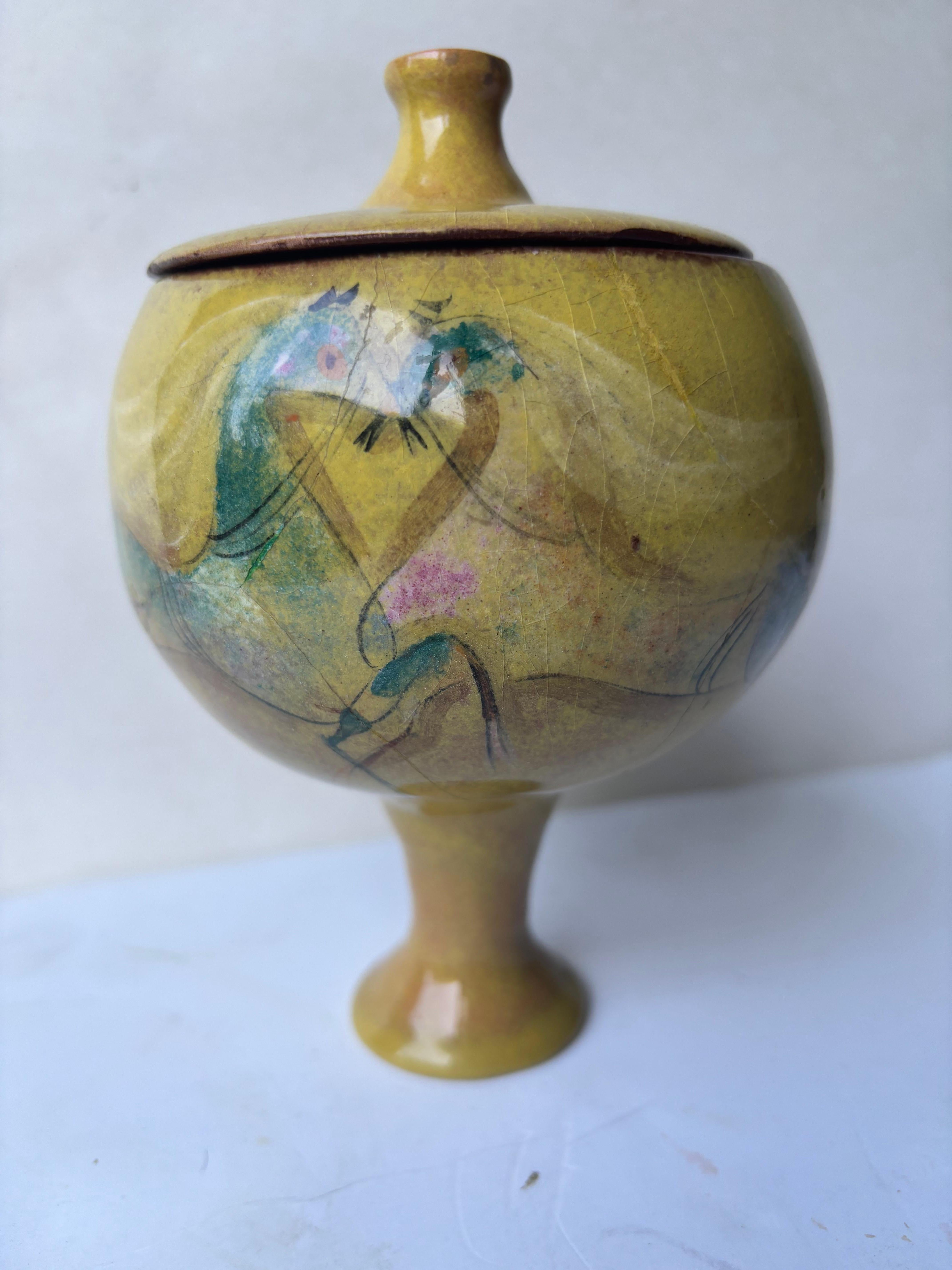 Beautiful and rare footed , lidded bowl decorated with horses by the very well known Artis, Polia Pillin .signed in bottom, Pillin .