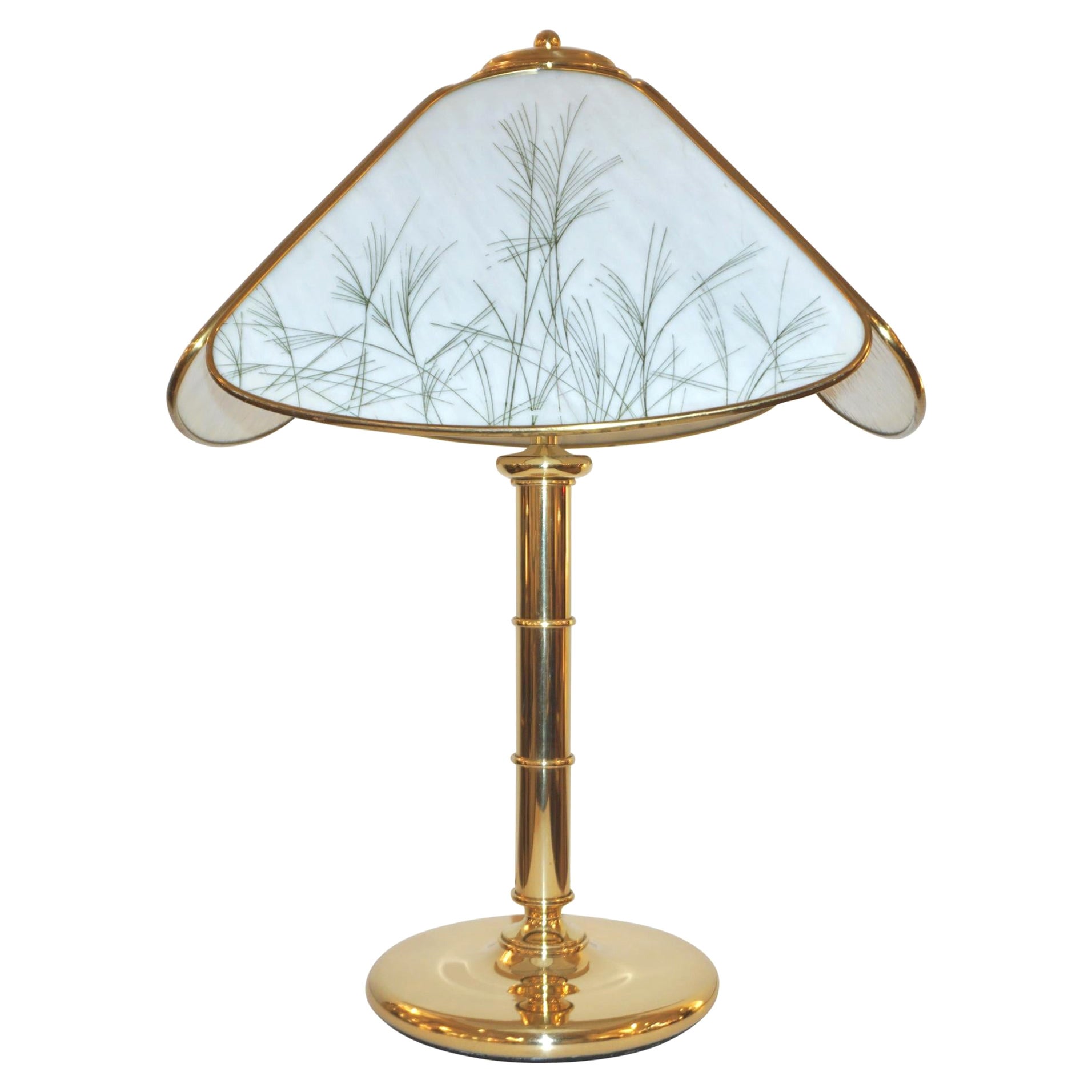 Poliarte 1960s Italian Feather Reed Grass & Bamboo Decor White Glass Brass Lamp