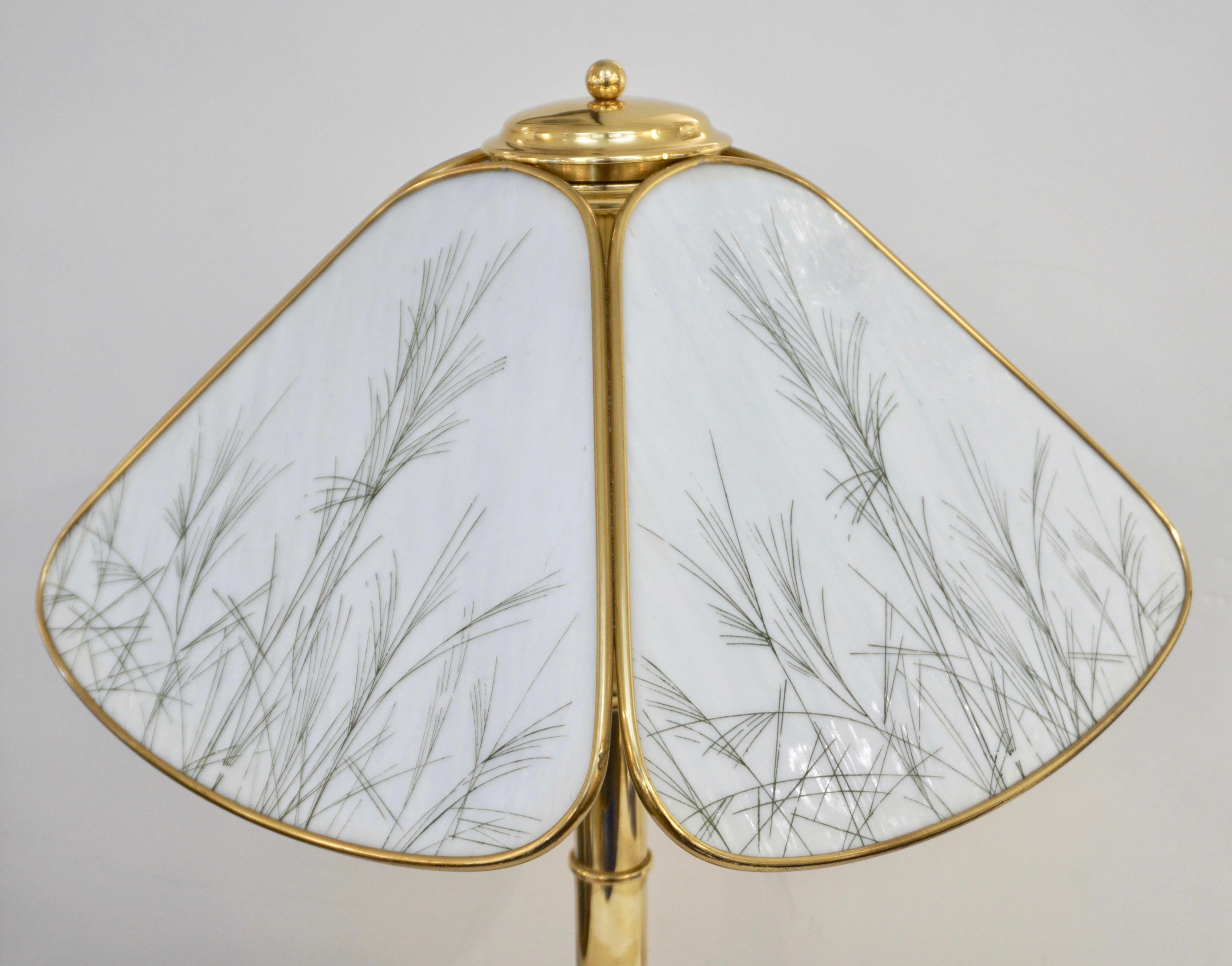 Poliarte 1960s Italian Feather Reed Grass & Bamboo Decor White Glass Brass Lamp For Sale 2