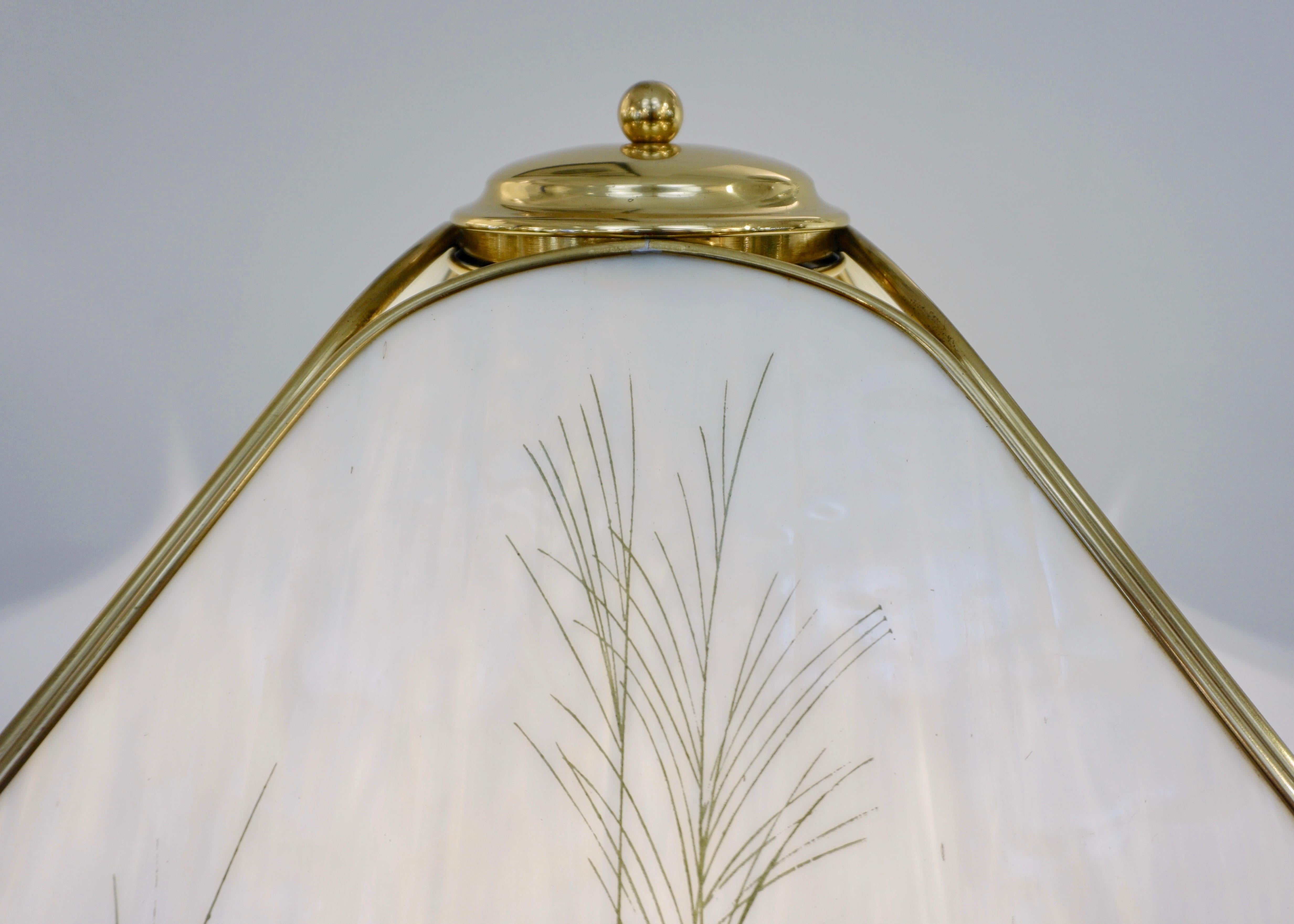 Poliarte 1960s Italian Feather Reed Grass & Bamboo Decor White Glass Brass Lamp For Sale 5