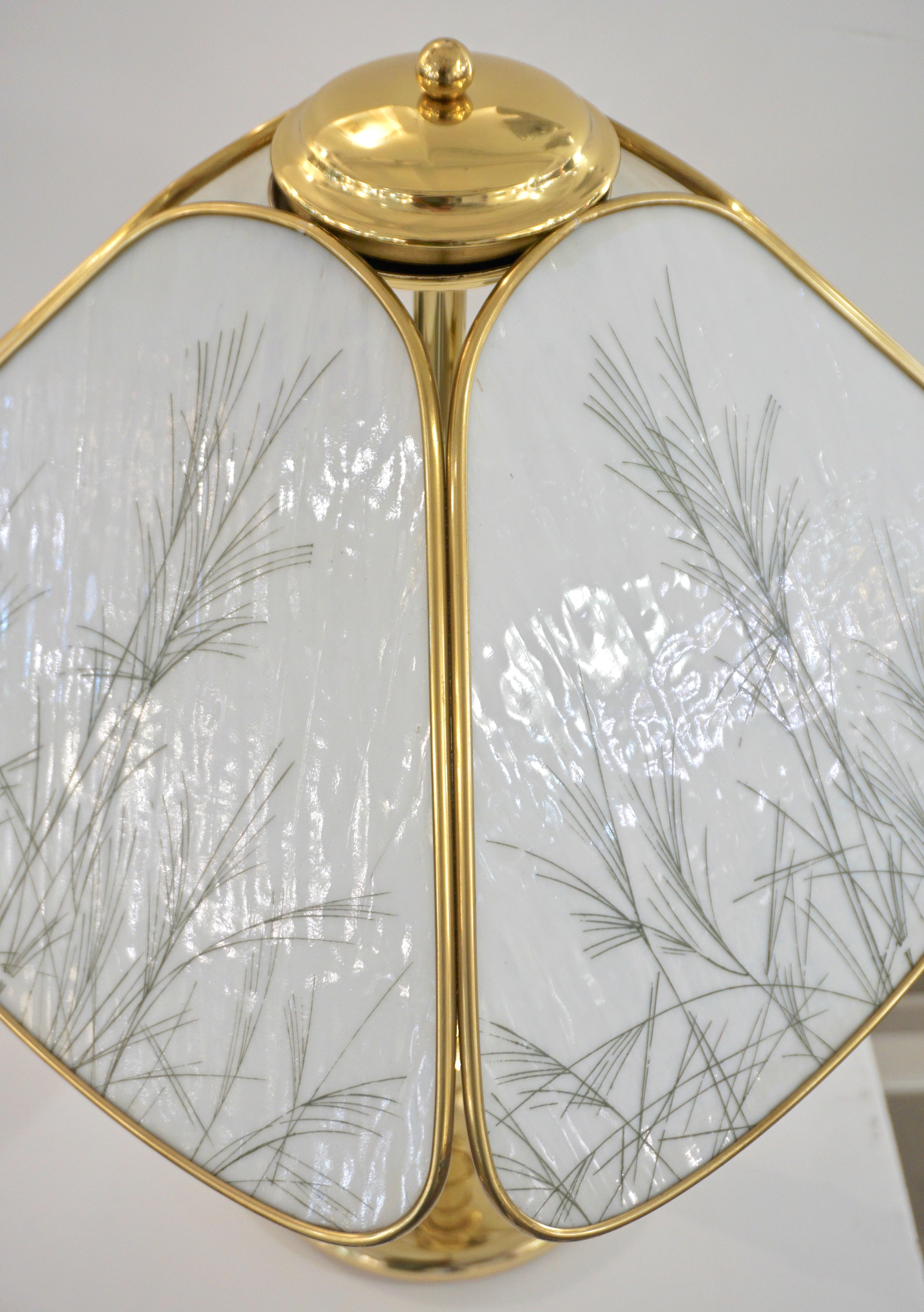 Poliarte 1960s Italian Feather Reed Grass & Bamboo Decor White Glass Brass Lamp For Sale 7