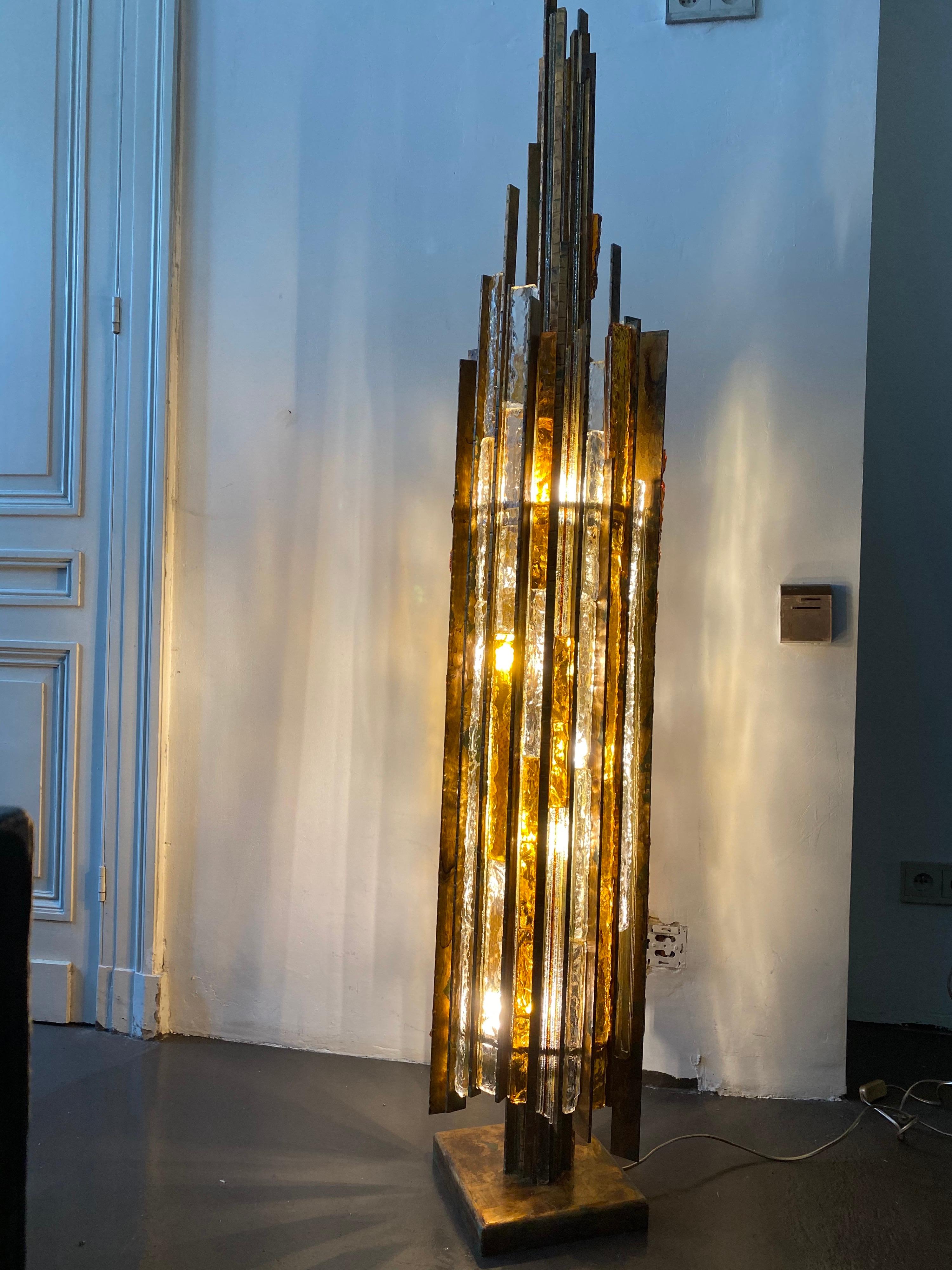 Italian Poliarte Brutalist Bronze and Glass Life-Size Floor Lamp, 1970s by Albano Poli For Sale