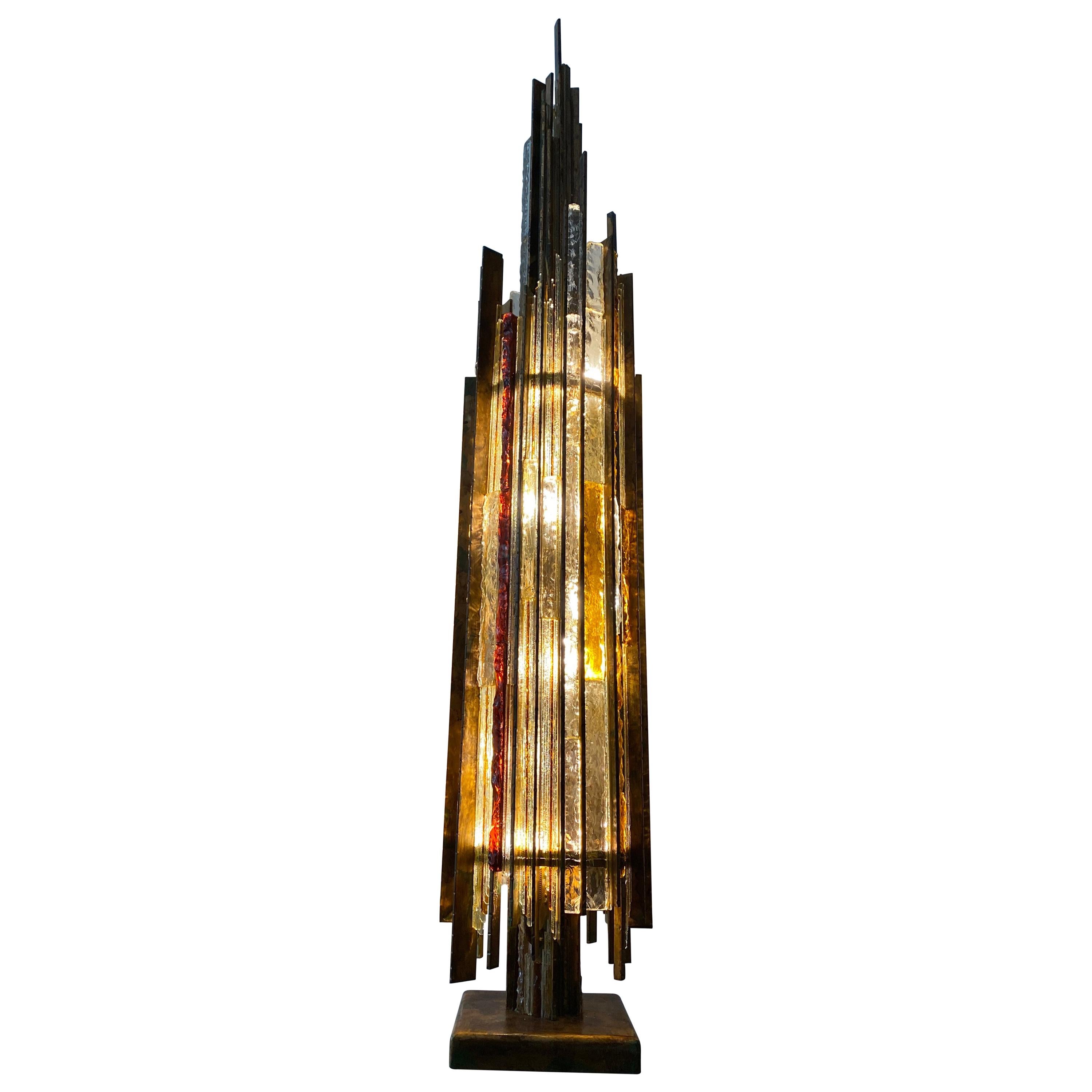 Poliarte Brutalistische Stehlampe aus Bronze und Glas in Lebensgröße, 1970er Jahre, von Albano Poli im Angebot
