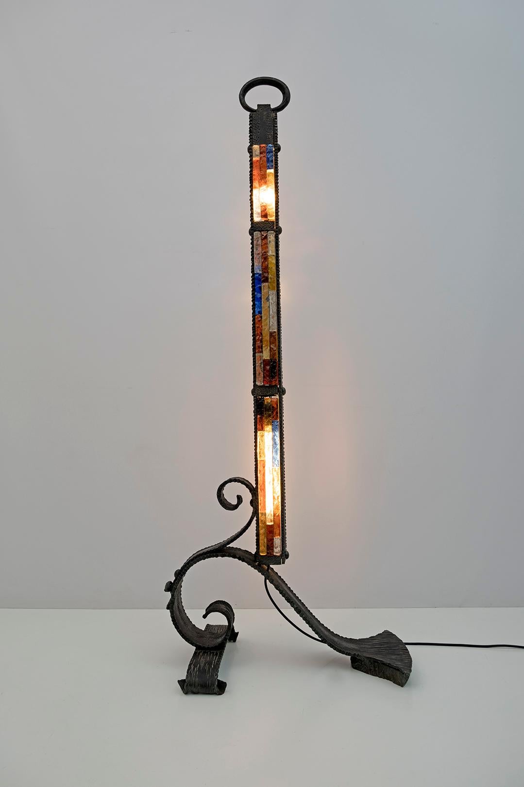 Mid-20th Century Poliarte Brutalist Italian Wrought Iron and Color Raw Glass Floor Lamp, 1960s For Sale