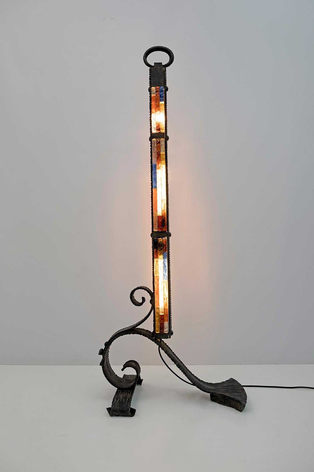 Murano Glass Poliarte Brutalist Italian Wrought Iron and Color Raw Glass Floor Lamp, 1960s For Sale