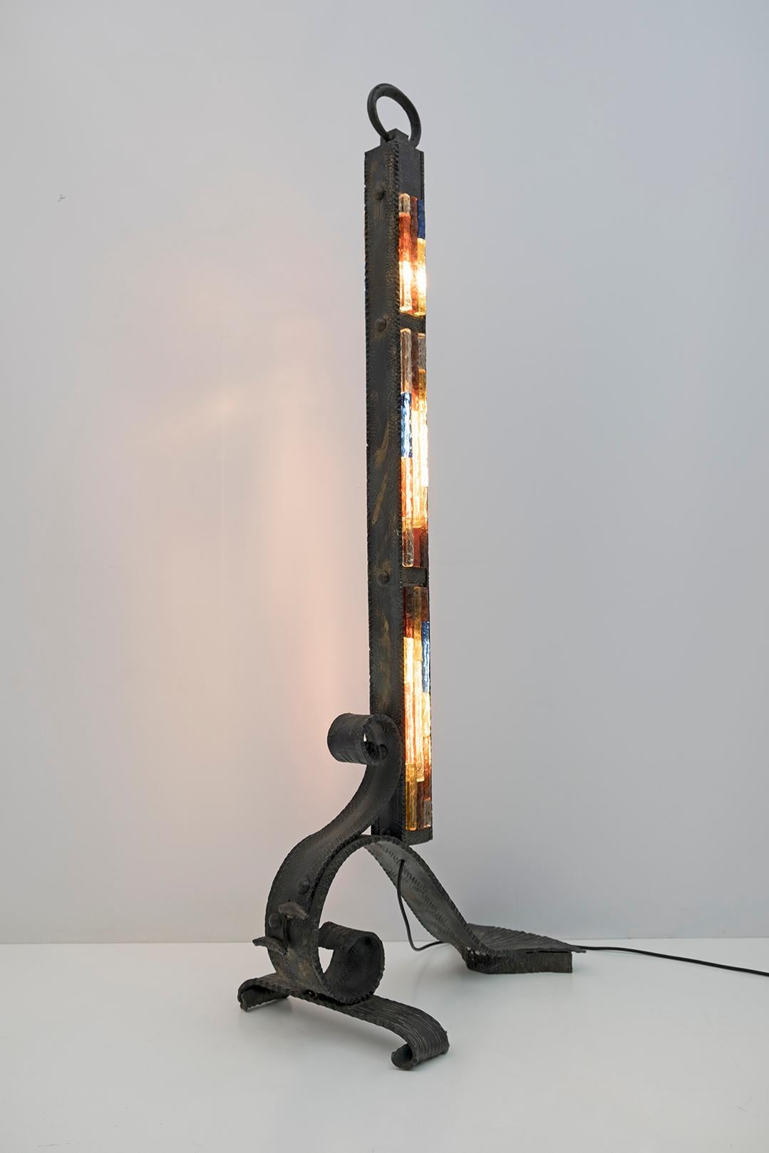 Poliarte Brutalist Italian Wrought Iron and Color Raw Glass Floor Lamp, 1960s For Sale 1