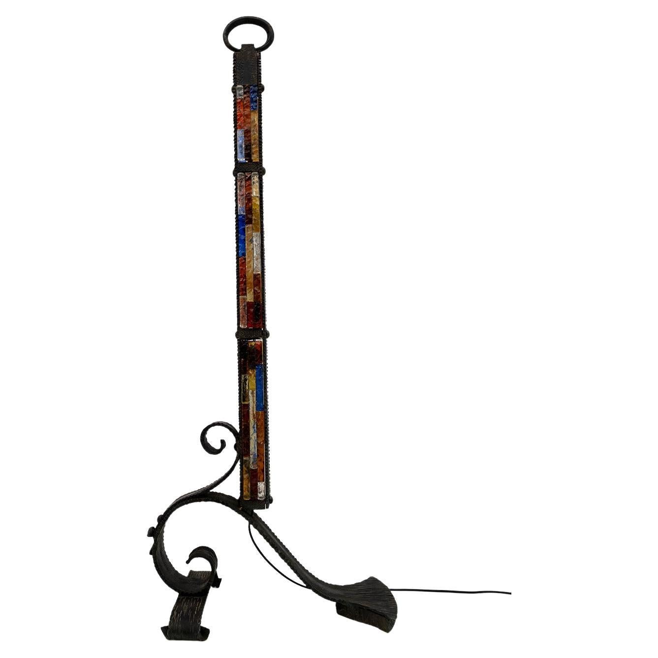Poliarte Brutalist Italian Wrought Iron and Color Raw Glass Floor Lamp, 1960s For Sale