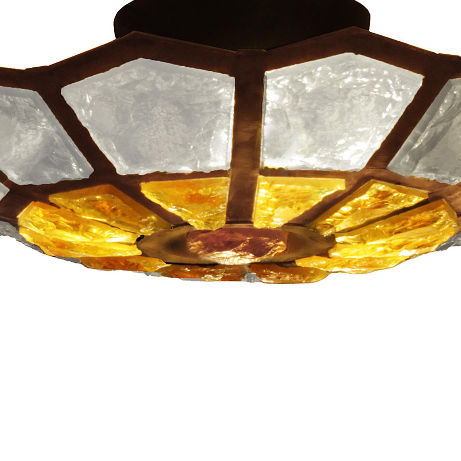 Unique shell shaped Brutalist style Murano glass ceiling fixture composed of amber, clear and rouge color art glass set in a exquisitely patinated brass frame. Produced by Poliarte. Italy, 1970.