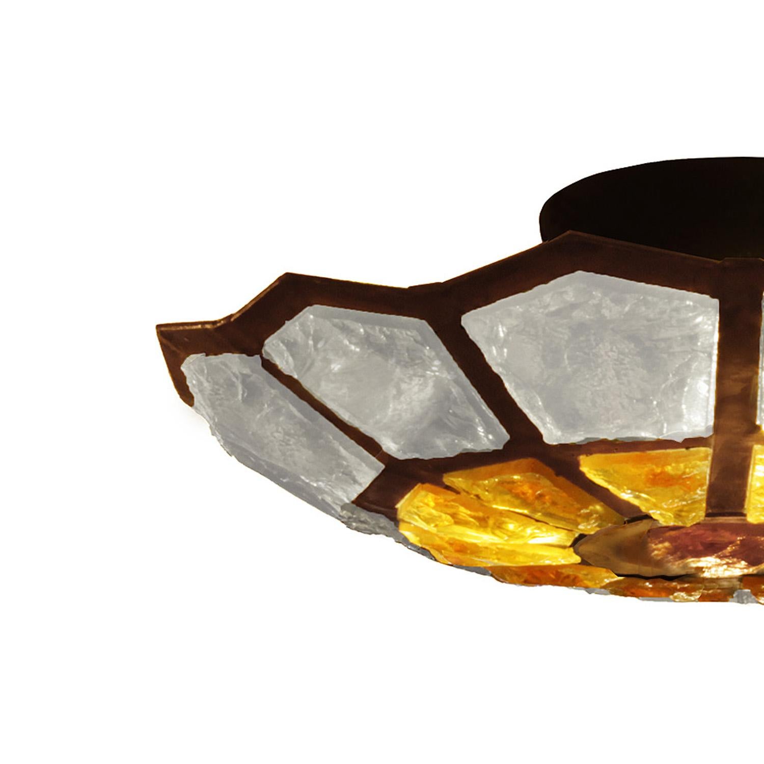 Hand-Crafted Poliarte Brutalist Murano Glass & Patinated Brass Ceiling Lamp, 1970