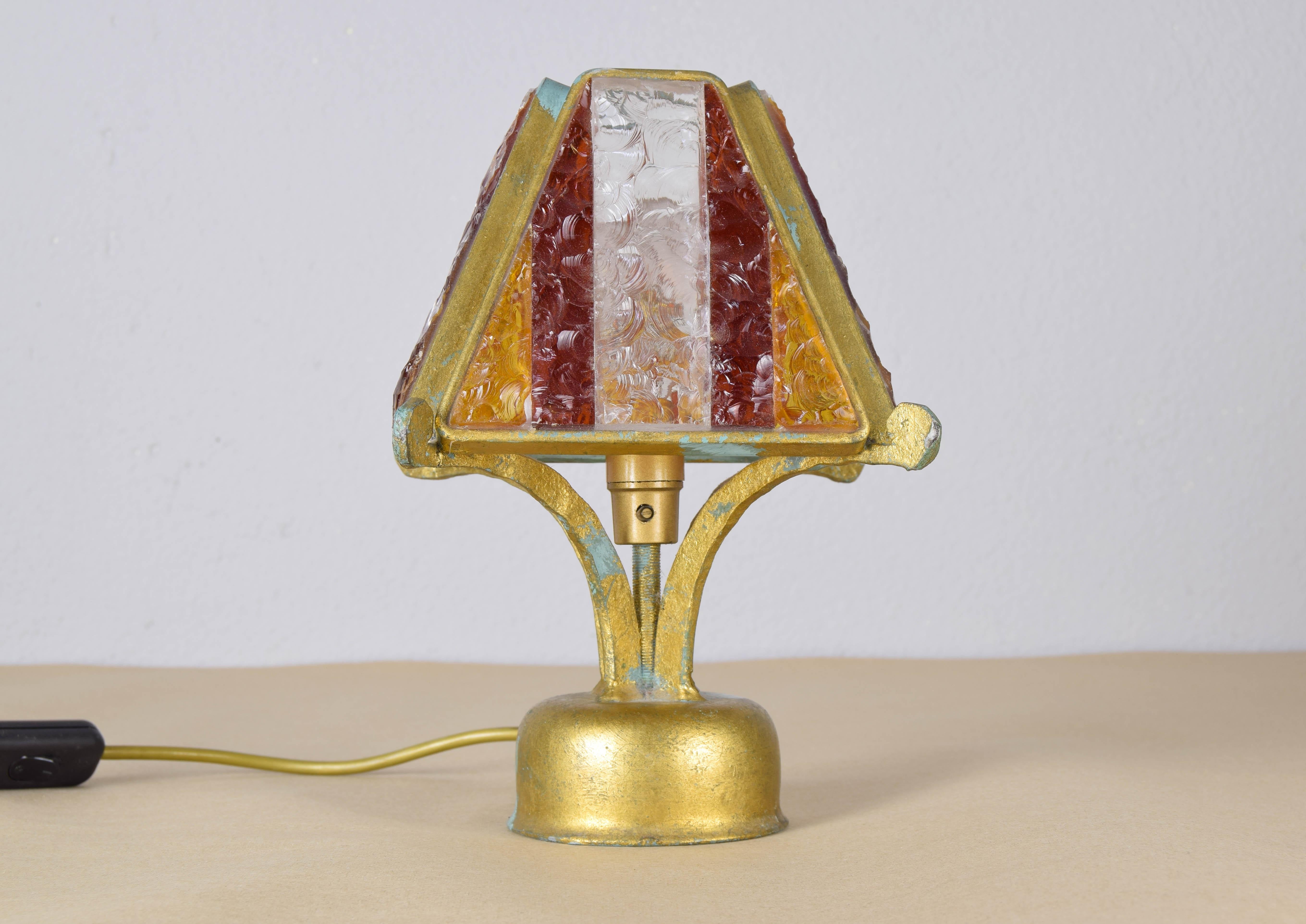 Italian Poliarte Brutalist Table Lamp in Metal and Hammered Murano by Longobard Italy 