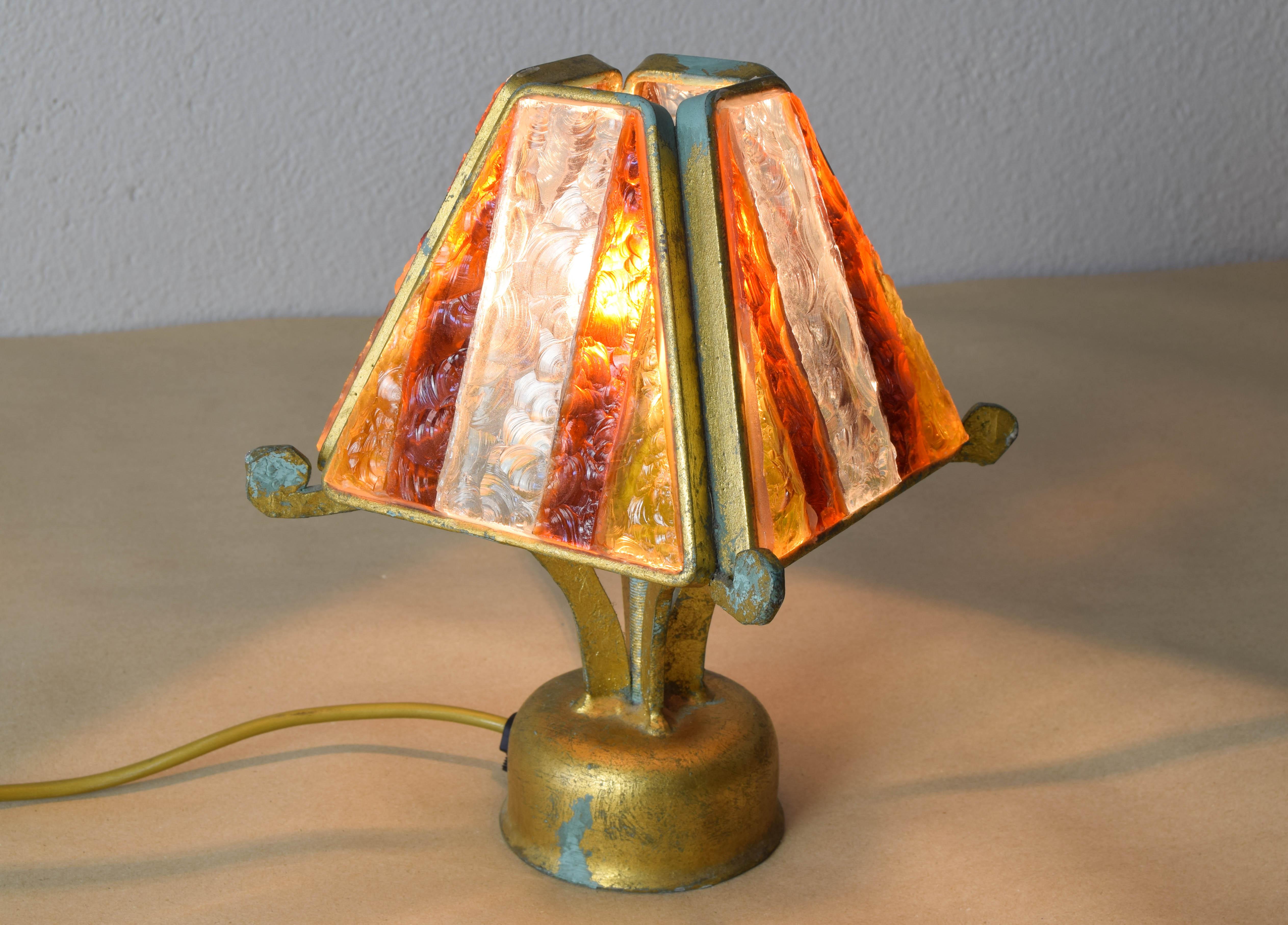 Poliarte Brutalist Table Lamp in Metal and Hammered Murano by Longobard Italy  1