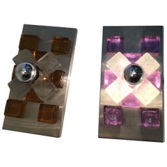 Vintage Poliarte Couple Sconces Murano Glass in Gold and Lilac Chrome-Plated Brass, 1960