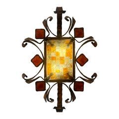 Poliarte Exceptional Hammered Murano Glass & Wrought Iron Sconce, 1960s