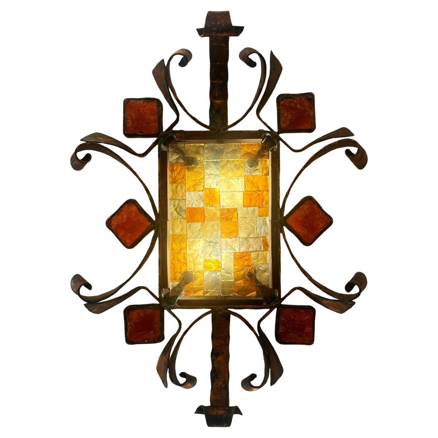 Poliarte Exceptional Hammered Murano Glass & Wrought Iron Sconce, 1960s