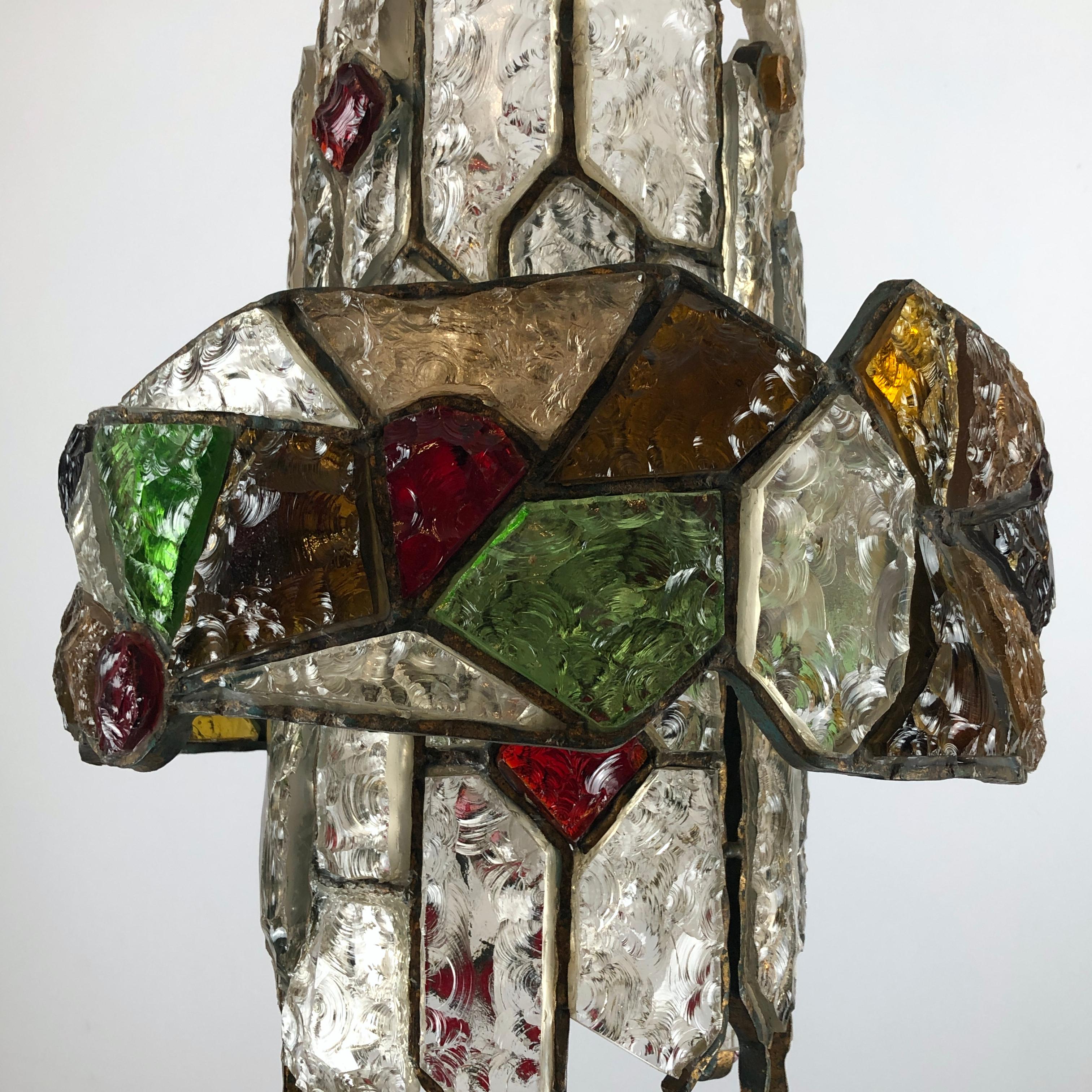 Poliarte, Italian Brutalist Iron and Cut Glass Chandelier from 70s 5