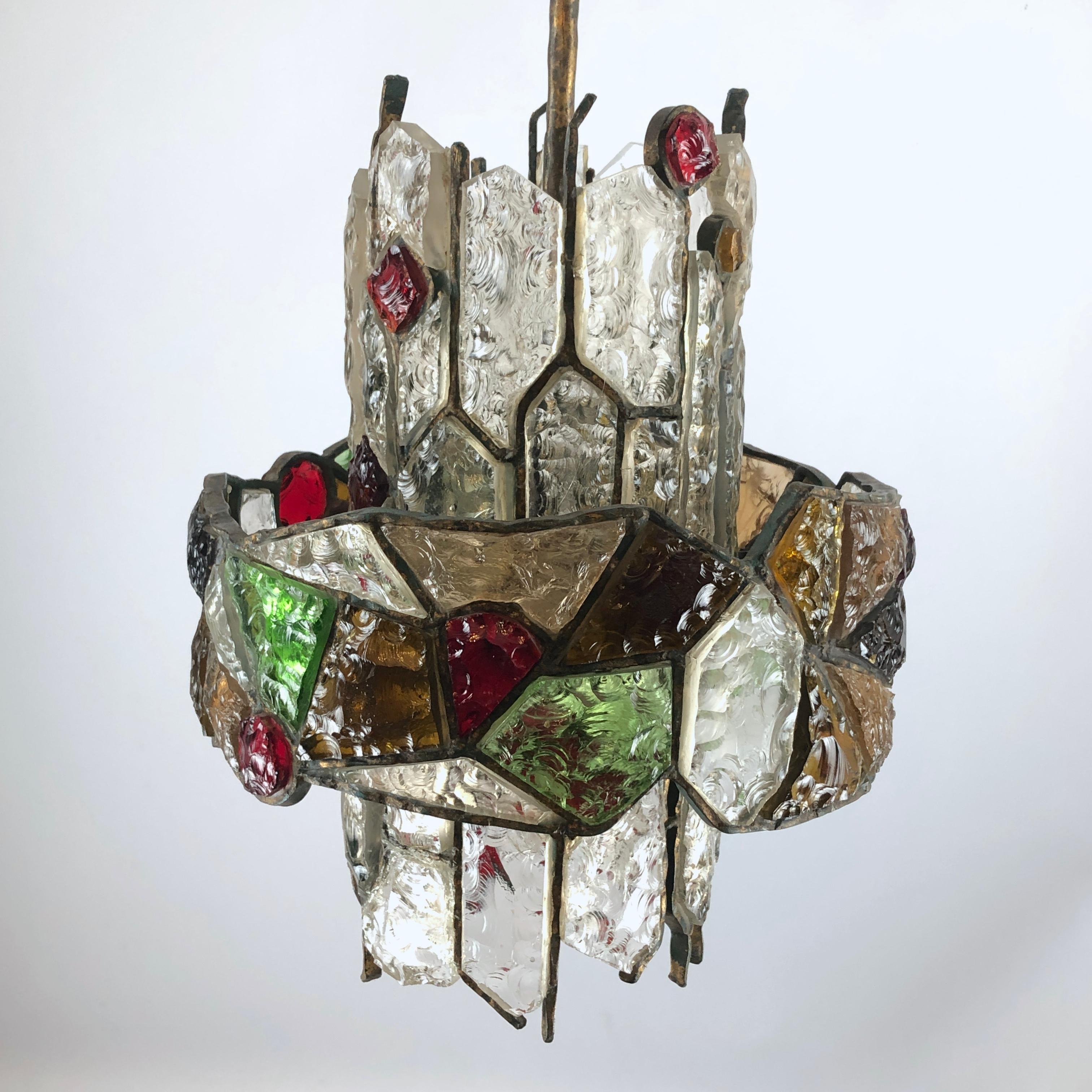 Poliarte, Italian Brutalist Iron and Cut Glass Chandelier from 70s 6